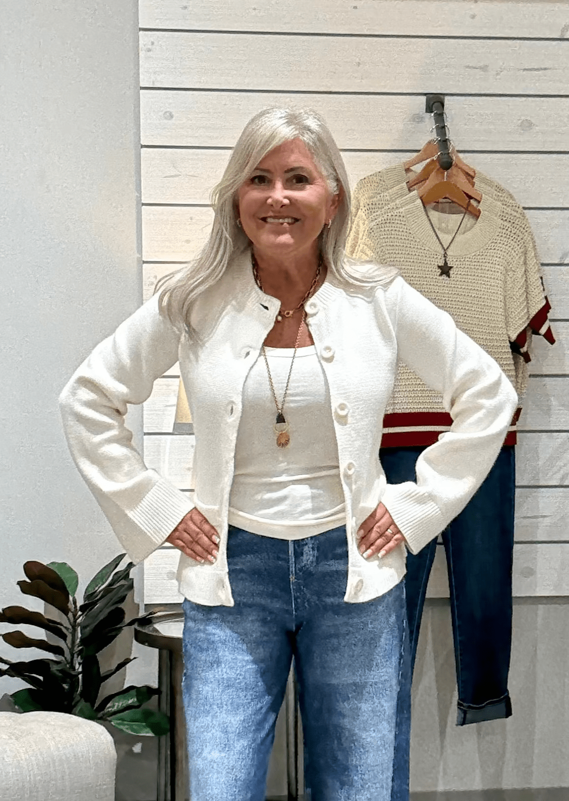 Button Up Crew Neck Sweater with Bell Sleeve- off white