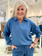 V-Neck Popover with Collar- Prussian blue