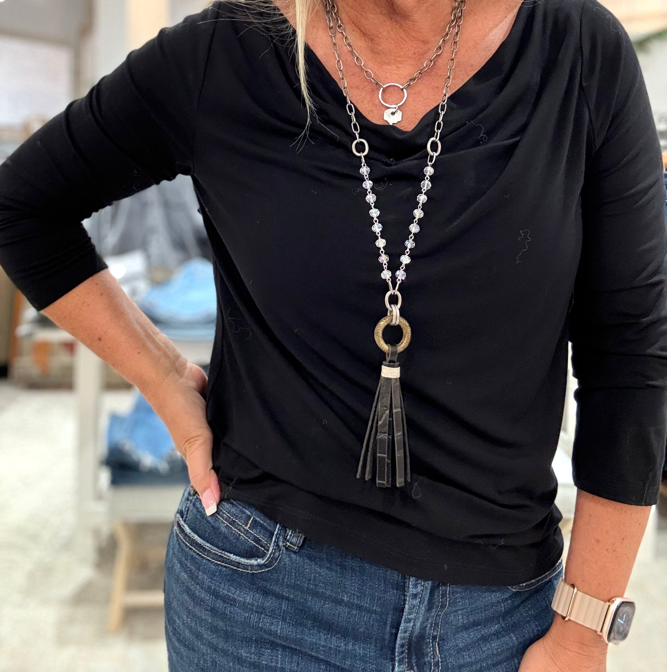 3/4 Sleeve Draped Neck Knit Top- black