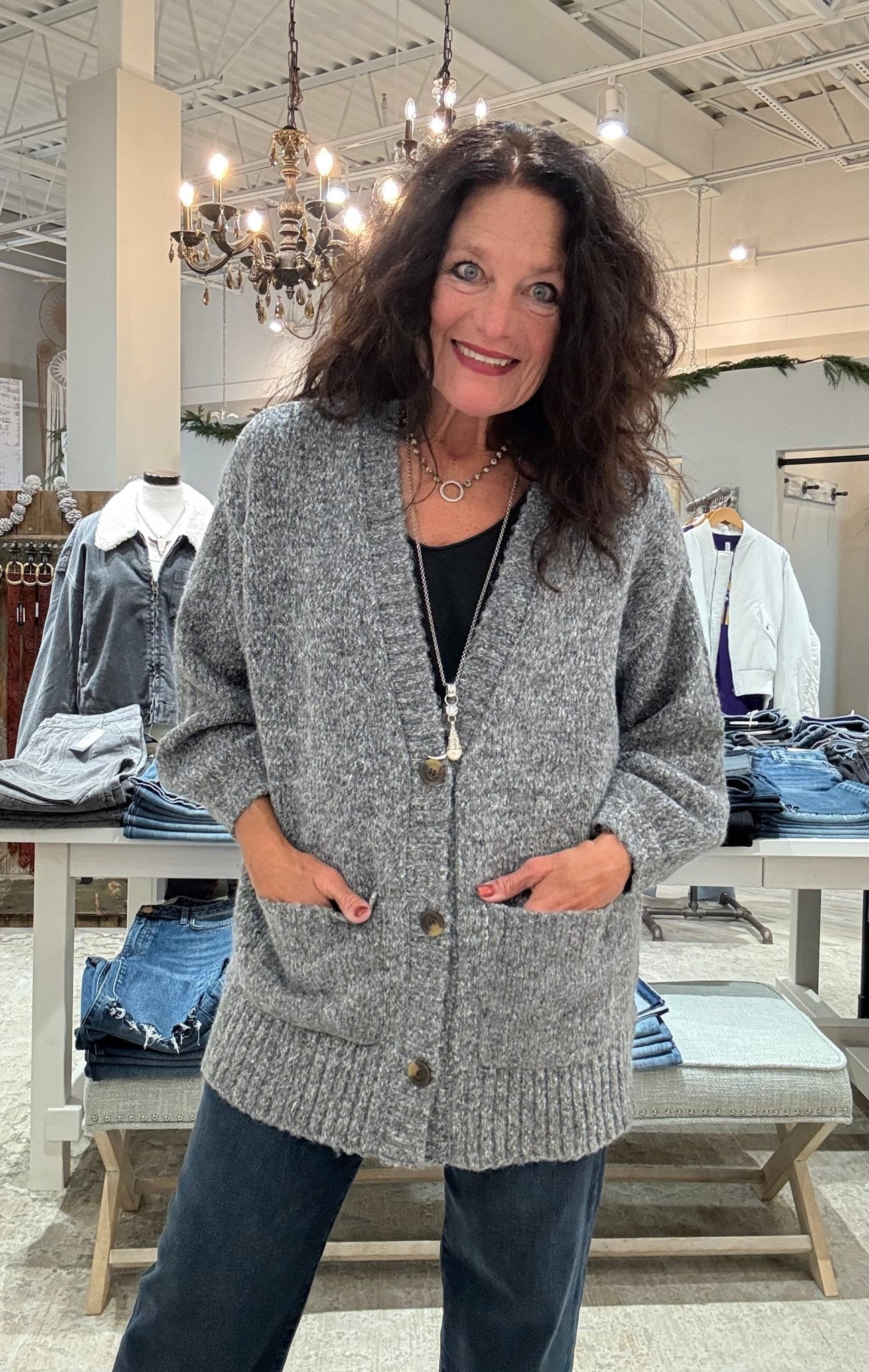 Oversize Puff Sleeve Sweater Cardigan- charcoal