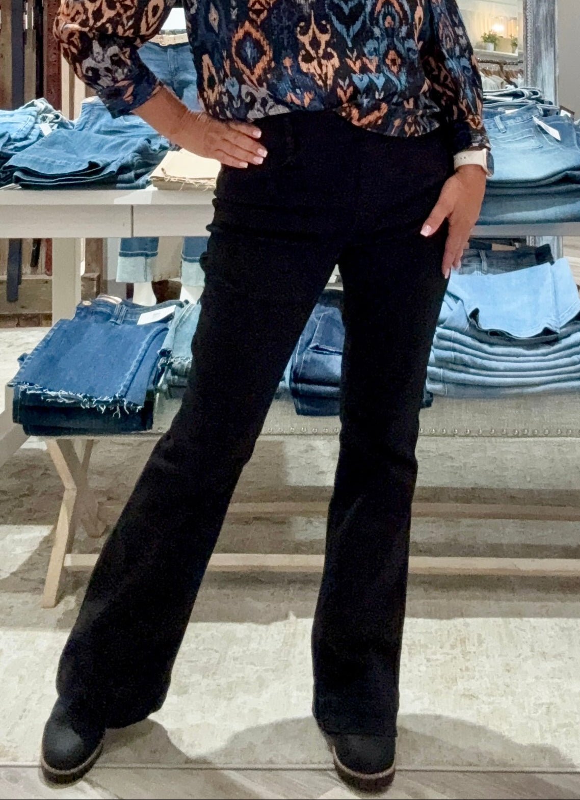 Audrey Pull On Flare Denim- black