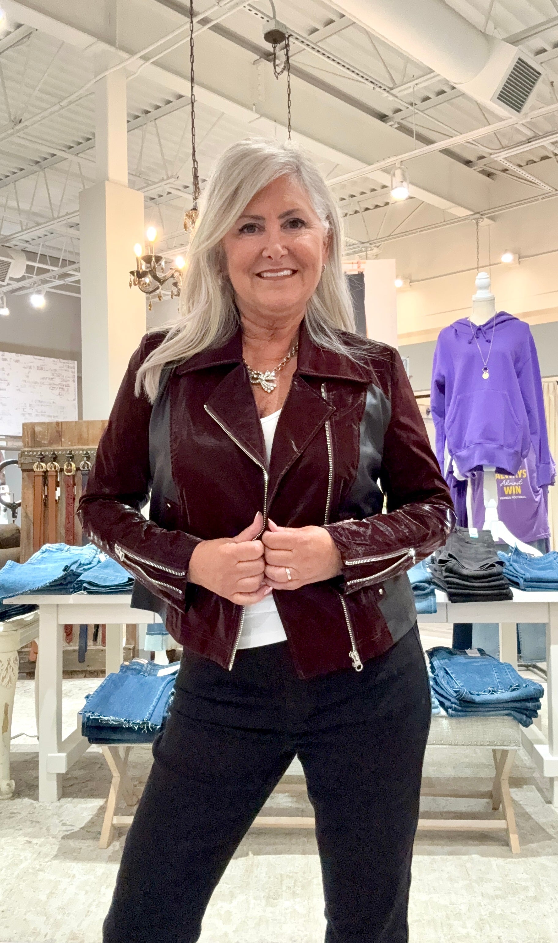 Wet Look Liquid Leather Mixed Media Jacket- mulberry