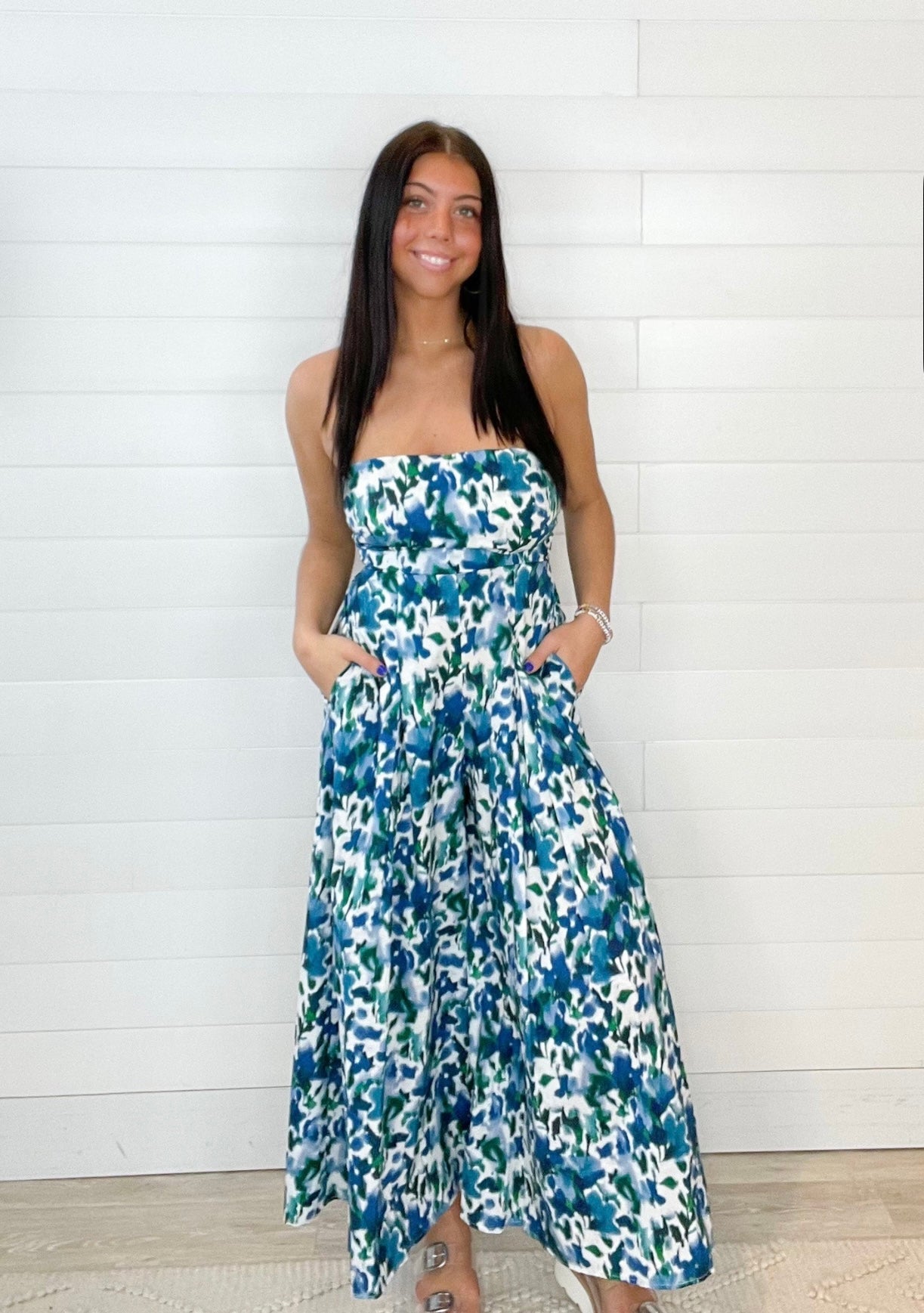 Blurred Ikat Floral Tie - Back Bandeau Jumpsuit - Mainstream Boutique