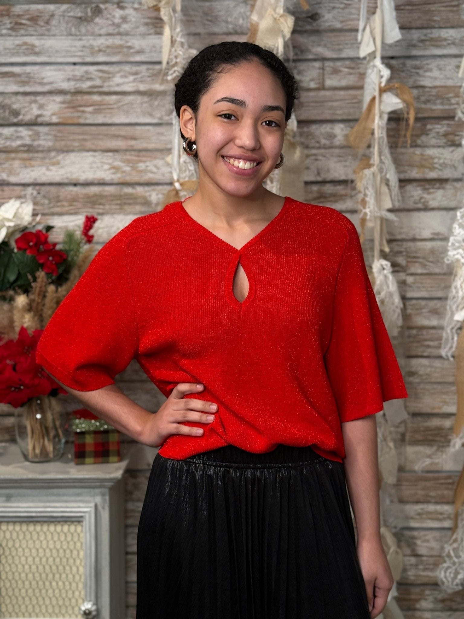 Textured Knit Keyhole V - Neck Top - Mainstream Boutique