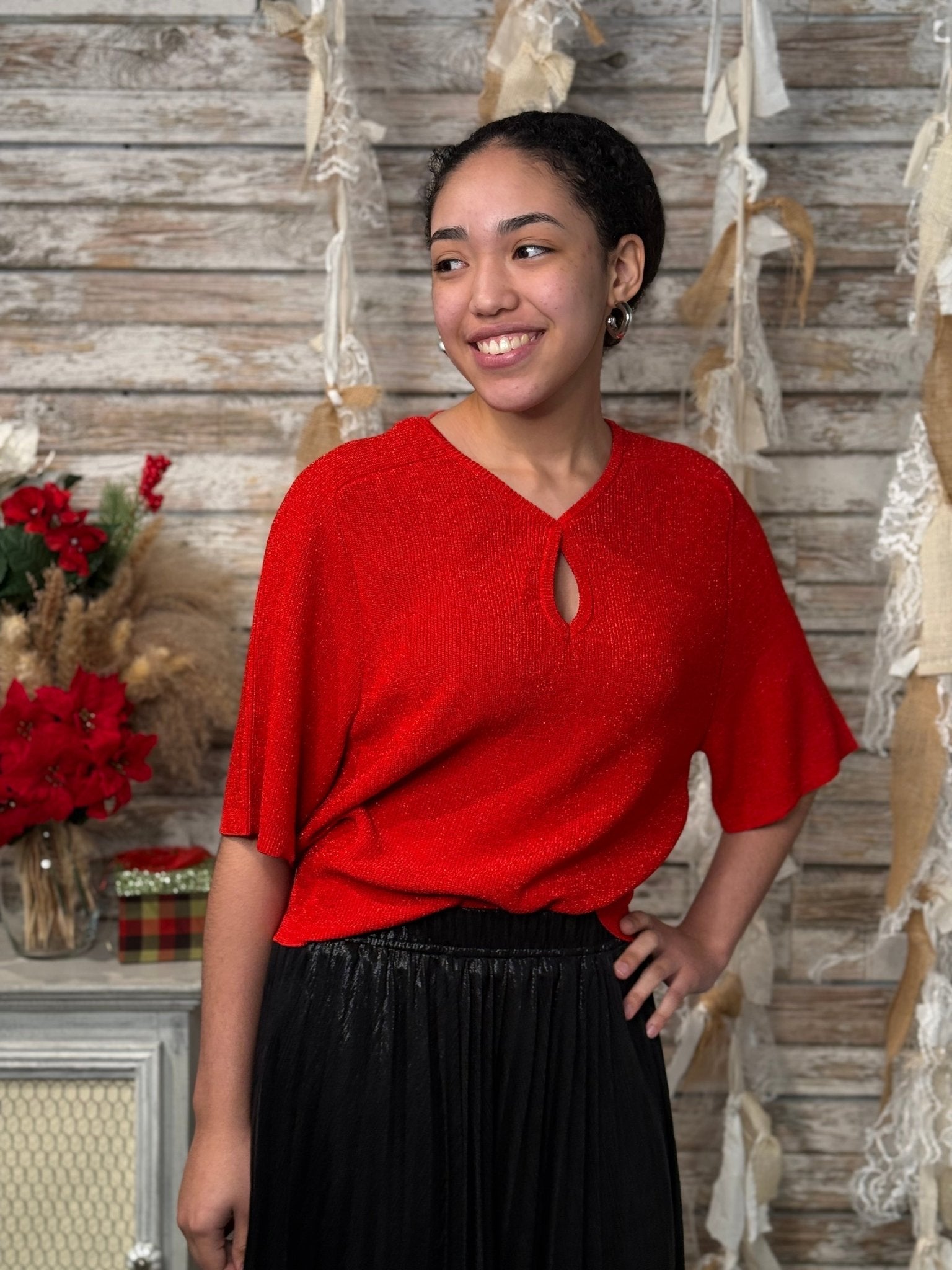 Textured Knit Keyhole V - Neck Top - Mainstream Boutique