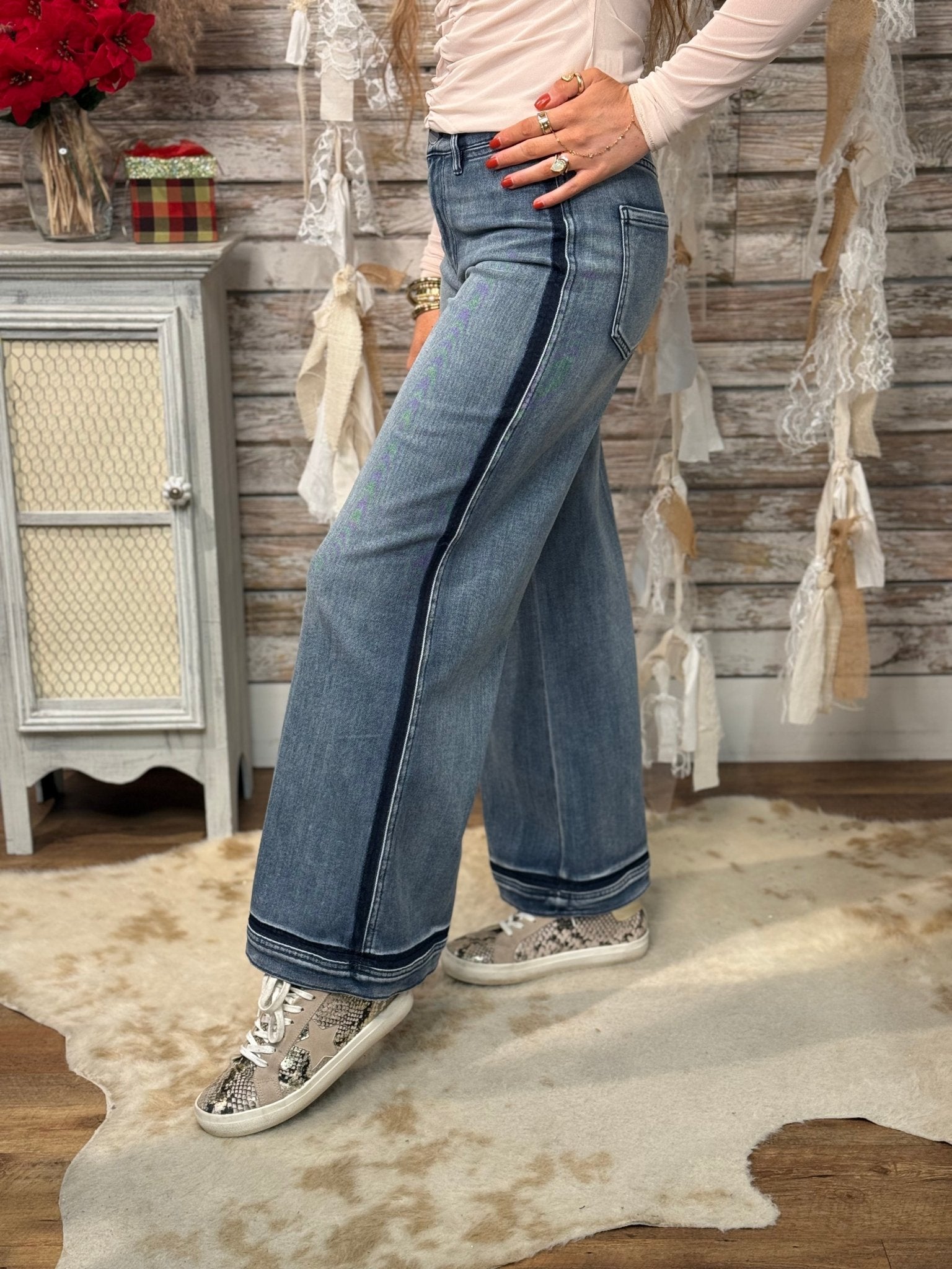 Liverpool Super Stride 30" Wide Leg Jeans With Contrast Hem Detail - Mainstream Boutique