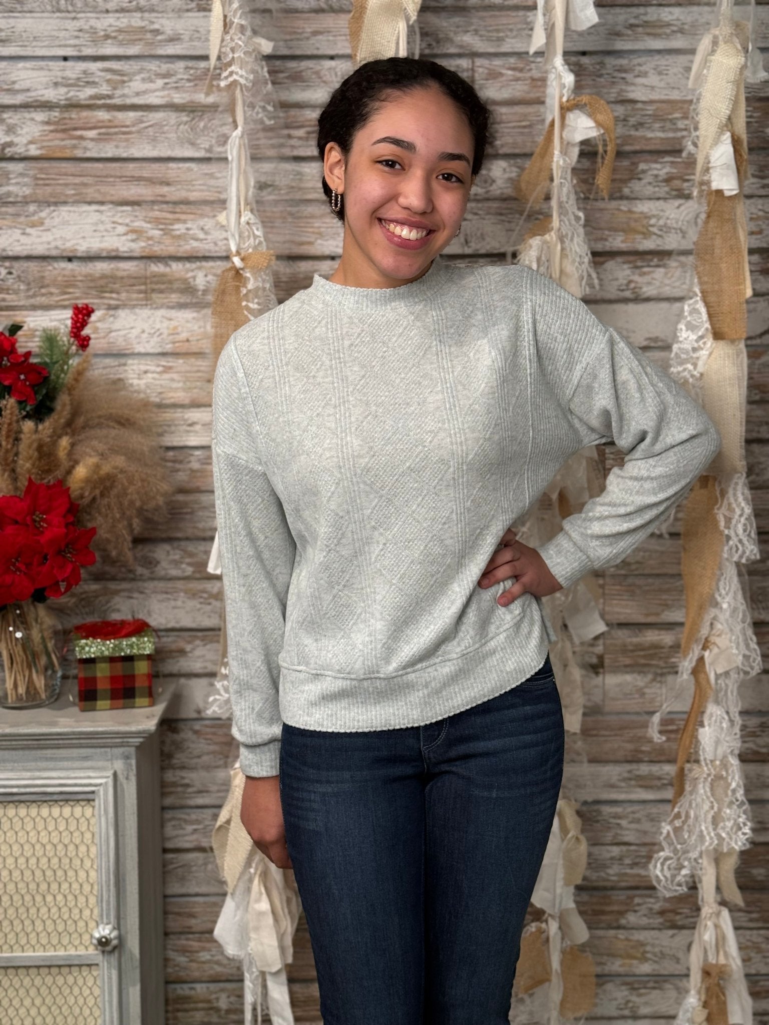 Embroidered Detail Mock Neck Sweater Knit Top - Mainstream Boutique