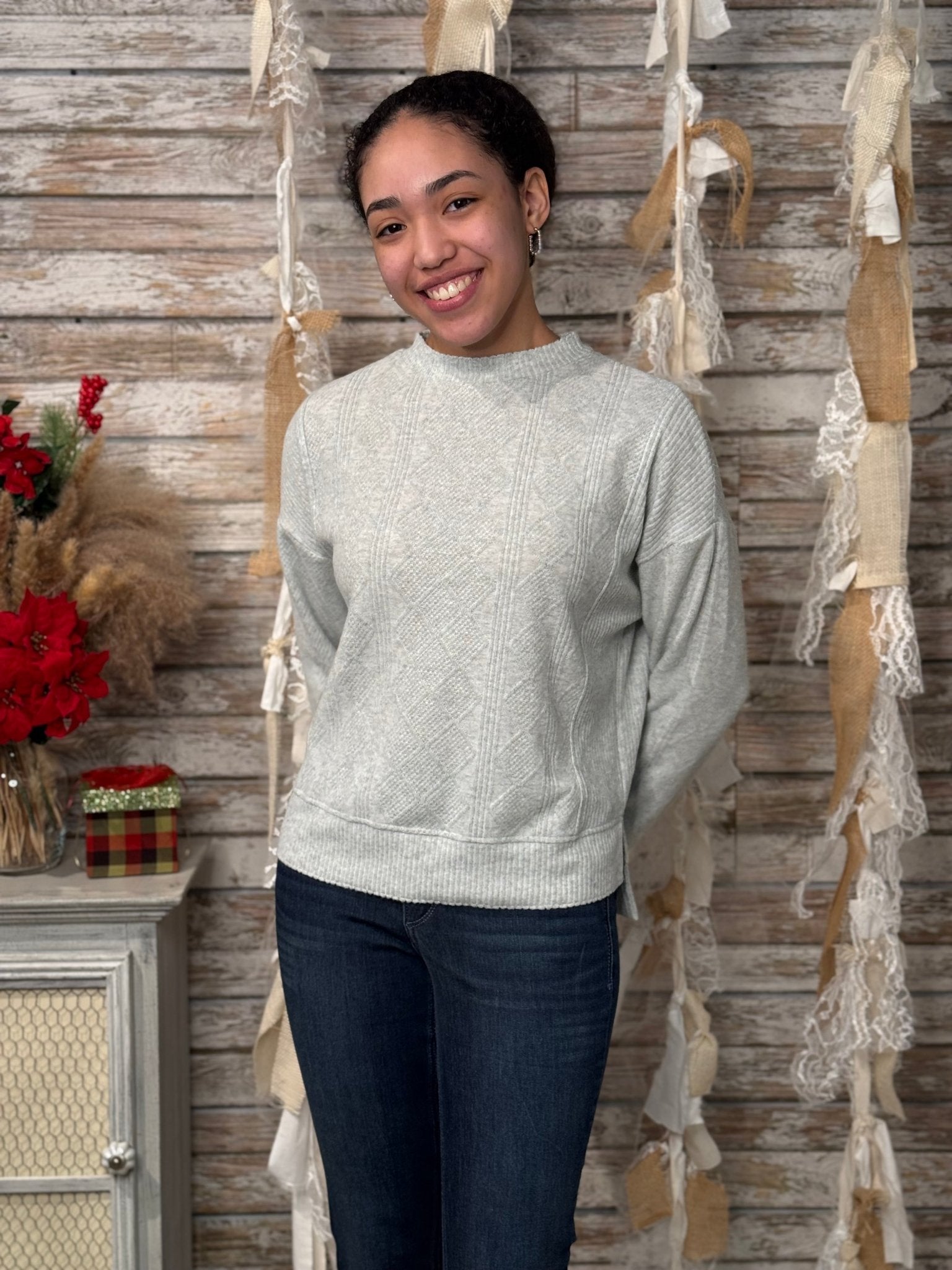 Embroidered Detail Mock Neck Sweater Knit Top - Mainstream Boutique