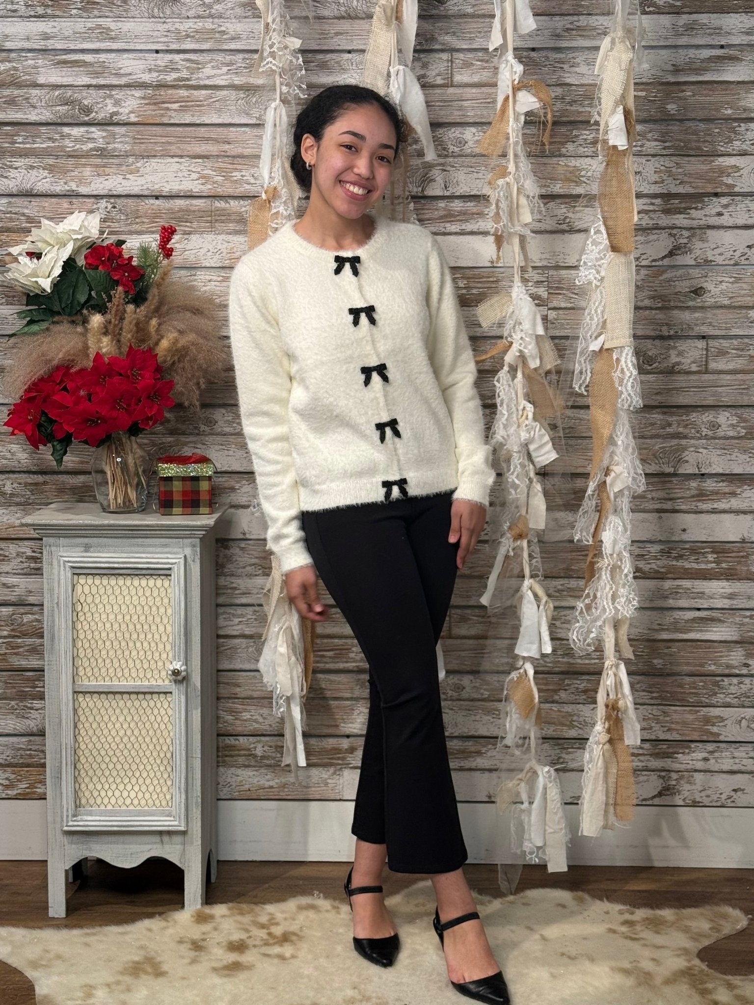 Women’s Jewel Bow Cardigan – Long Sleeve Crew Neck Button - Down Sweater - Mainstream Boutique