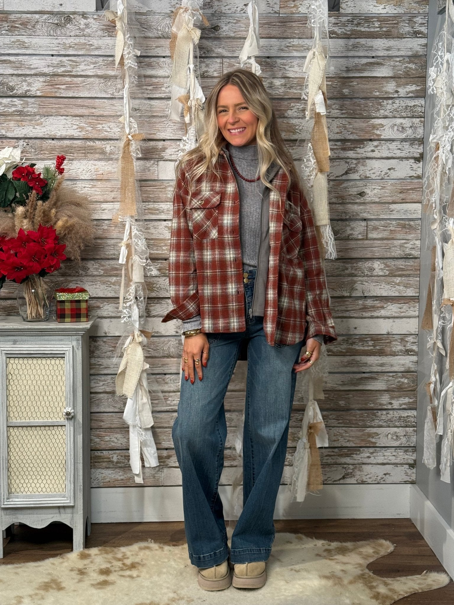 Plaid Jacket With French Terry Hoodie Twofer - Mainstream Boutique