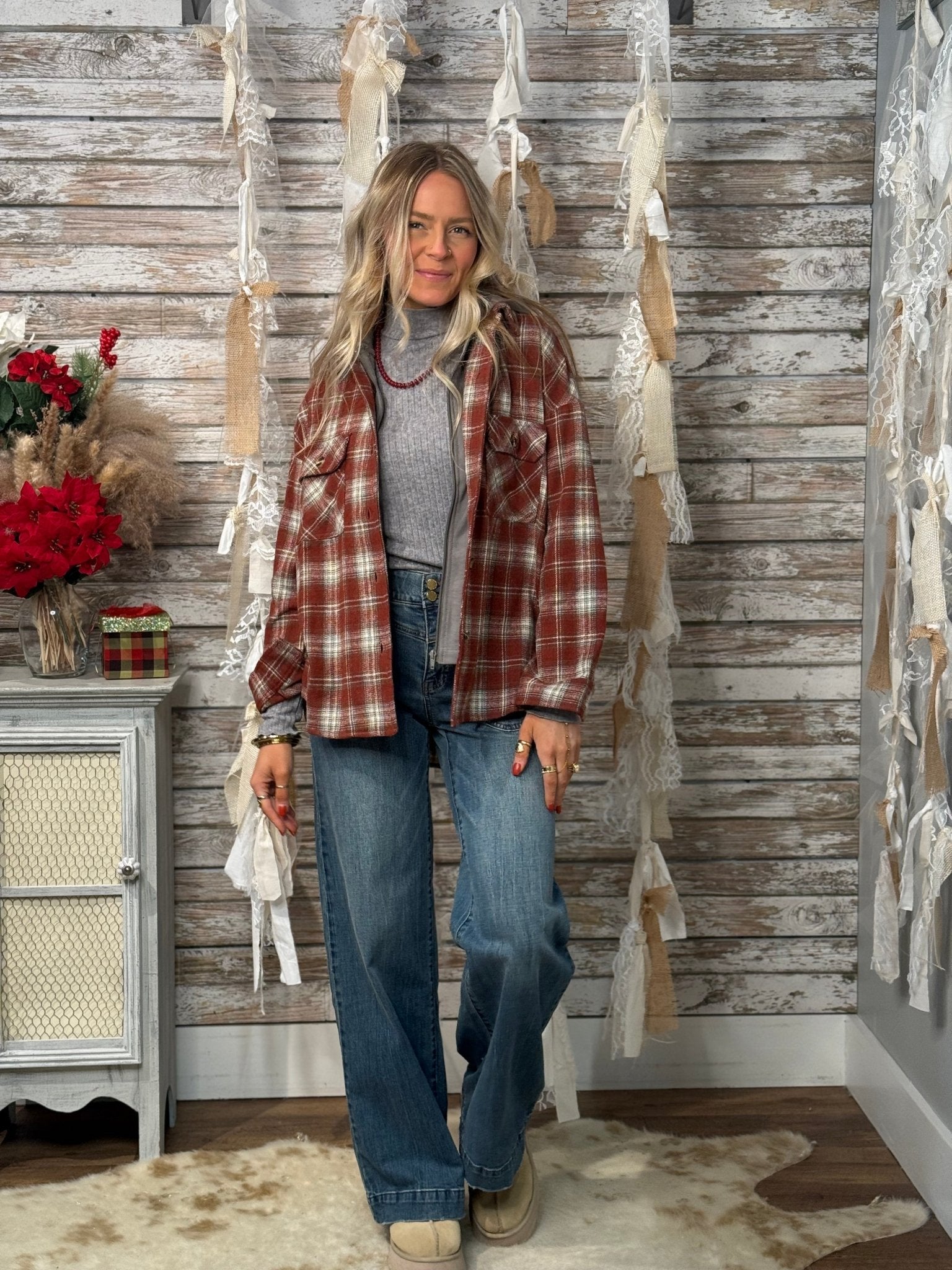 Plaid Jacket With French Terry Hoodie Twofer - Mainstream Boutique