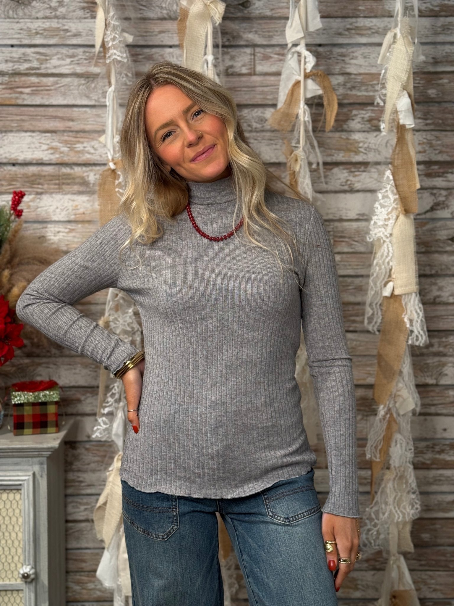 Women’s Ribbed Mock Neck Top – Long Sleeve Lettuce Edge Knit (Multiple Colors) - Mainstream Boutique