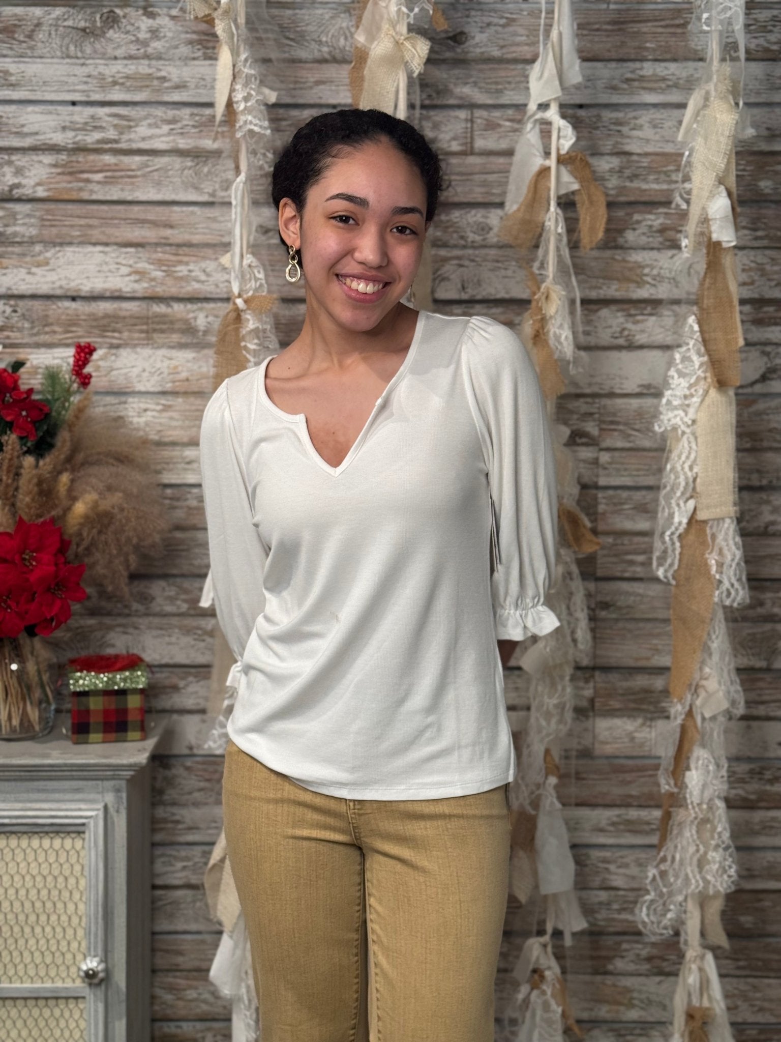Liverpool Soft Stretch Ruffle Cuff Notch Neck Top - Mainstream Boutique
