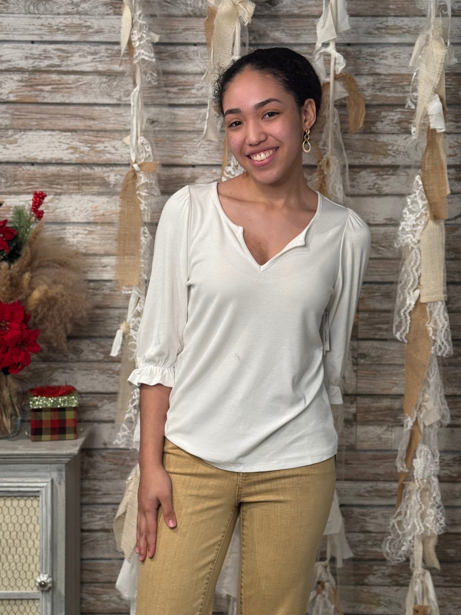 Liverpool Soft Stretch Ruffle Cuff Notch Neck Top - Mainstream Boutique