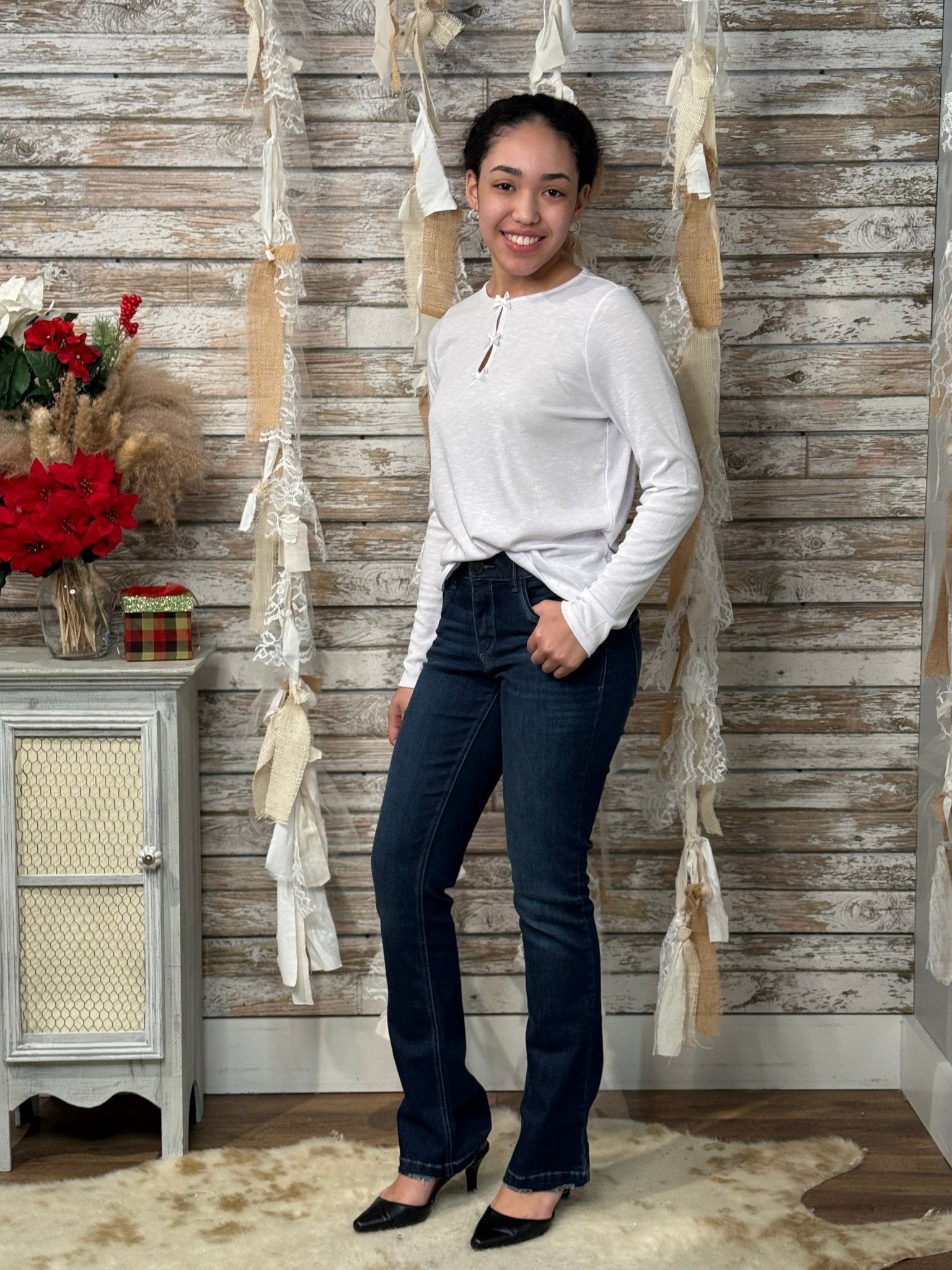 Women’s Keyhole Neck Top – Satin Trim Long Sleeve Slub Knit Tee - Mainstream Boutique