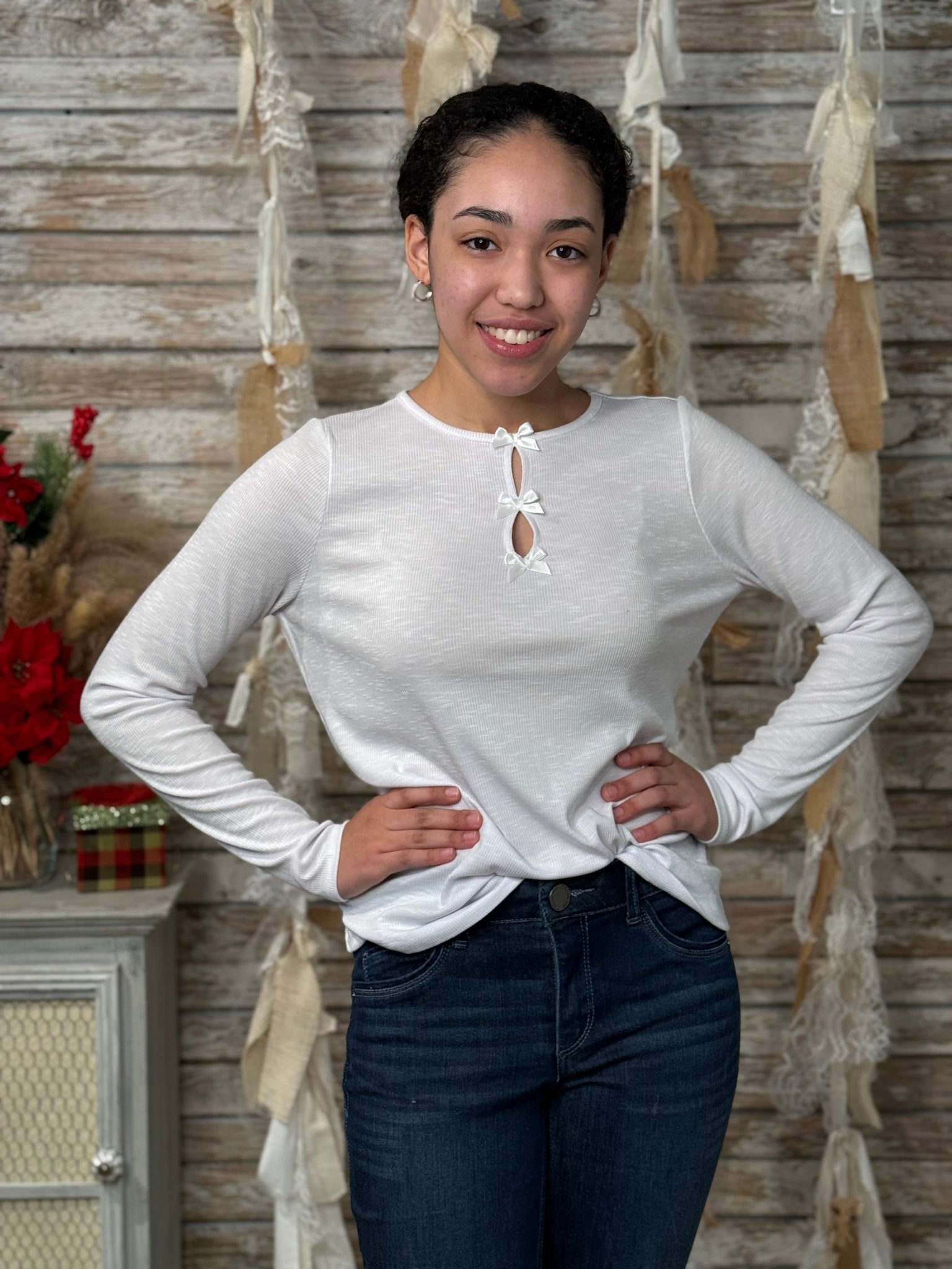 Women’s Keyhole Neck Top – Satin Trim Long Sleeve Slub Knit Tee - Mainstream Boutique