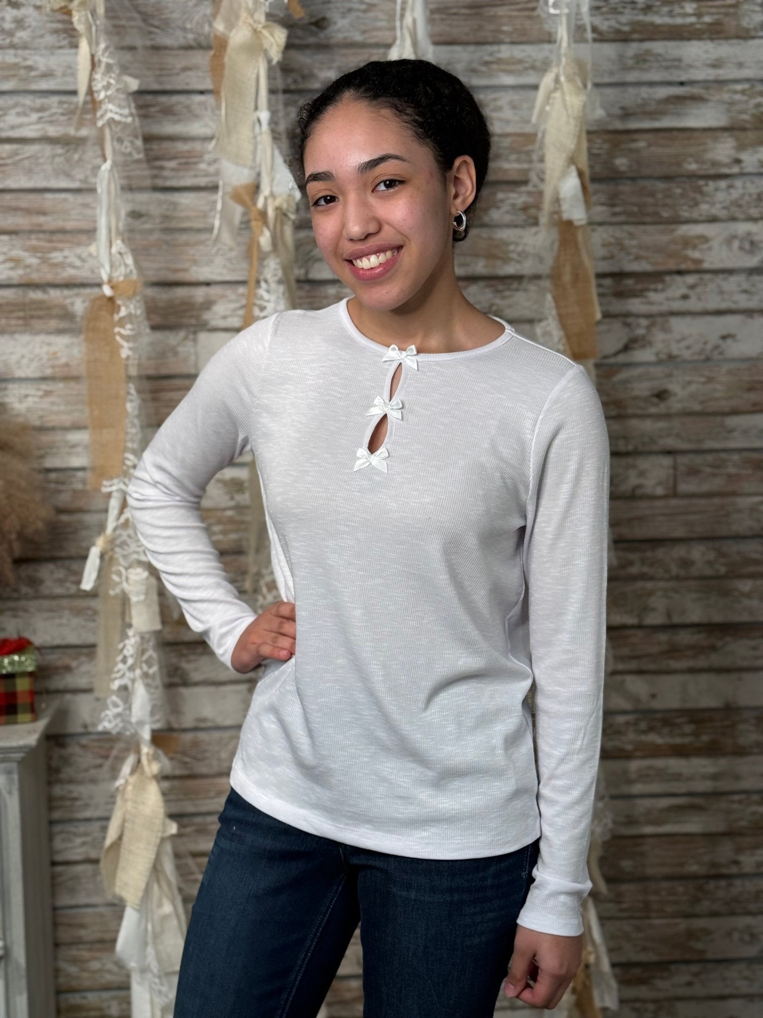 Women’s Keyhole Neck Top – Satin Trim Long Sleeve Slub Knit Tee - Mainstream Boutique
