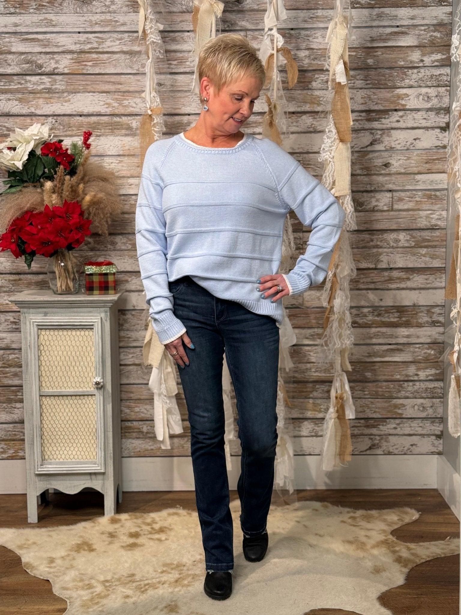 Women’s Textured Stripe Crew Neck Sweater – Long Sleeve Pullover With White Trim - Mainstream Boutique