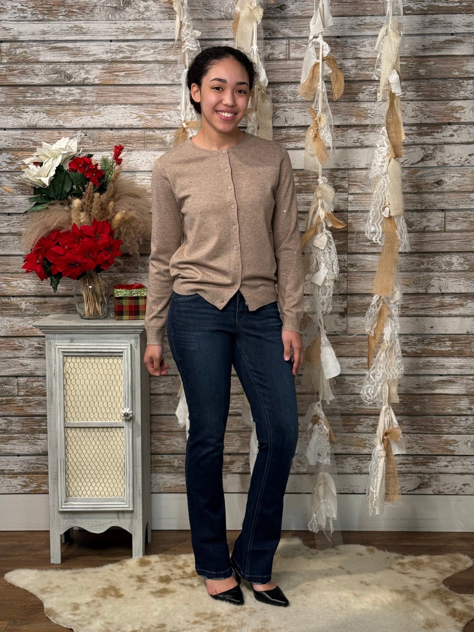 Women’s Rhinestone Embellished Cardigan – Long Sleeve Crew Neck Button - Down Sweater - Mainstream Boutique
