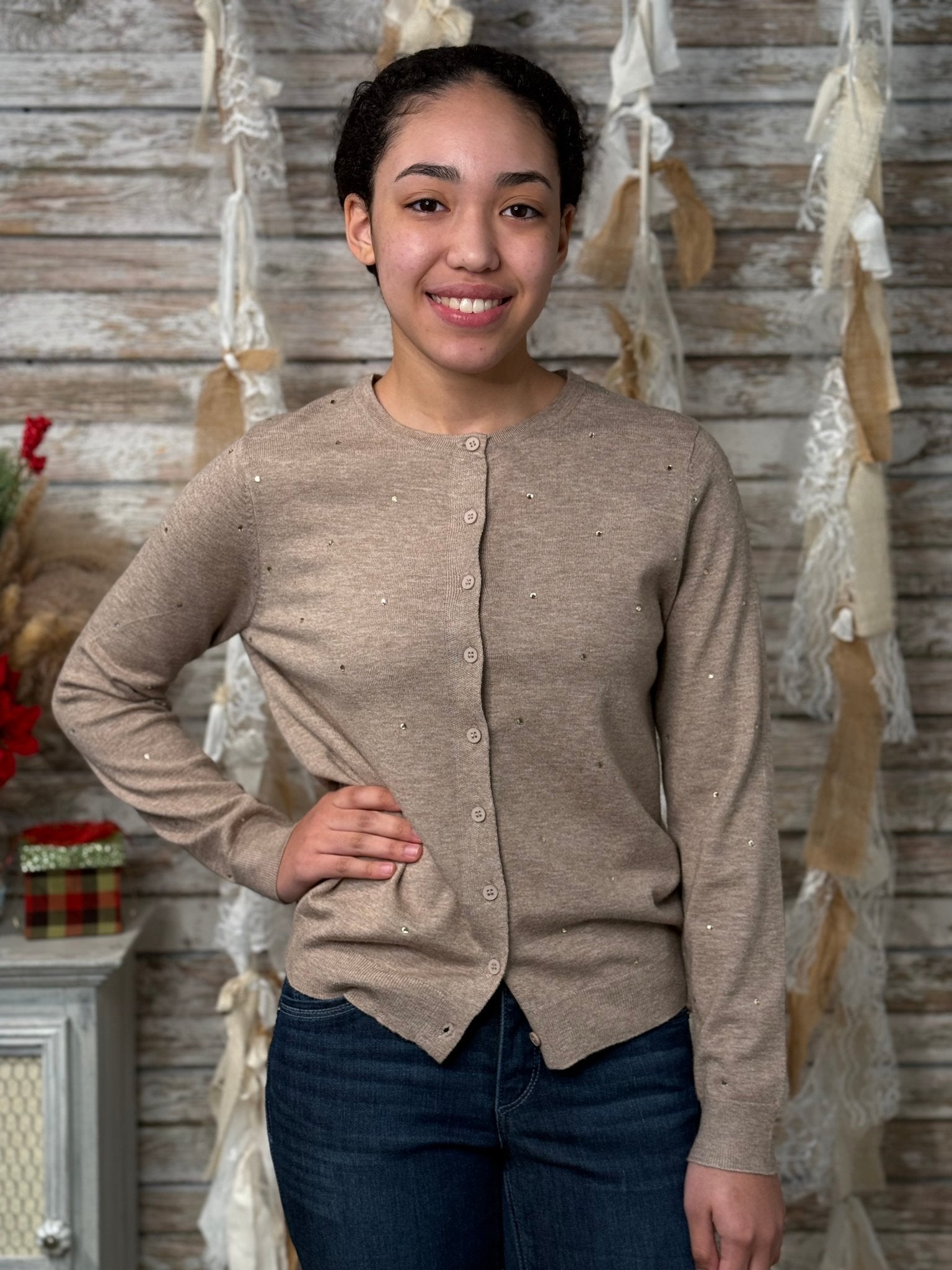 Women’s Rhinestone Embellished Cardigan – Long Sleeve Crew Neck Button - Down Sweater - Mainstream Boutique