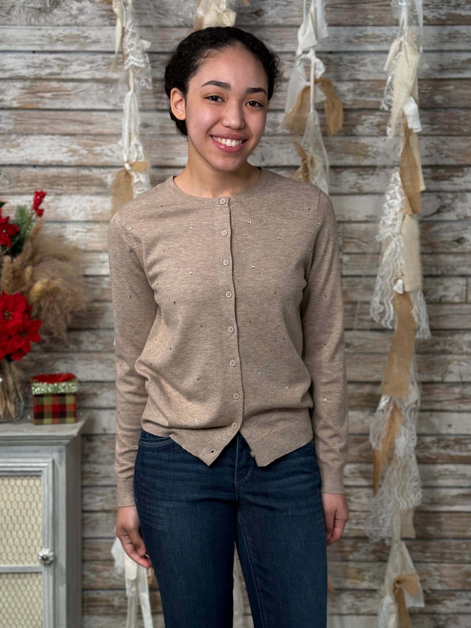 Women’s Rhinestone Embellished Cardigan – Long Sleeve Crew Neck Button - Down Sweater - Mainstream Boutique