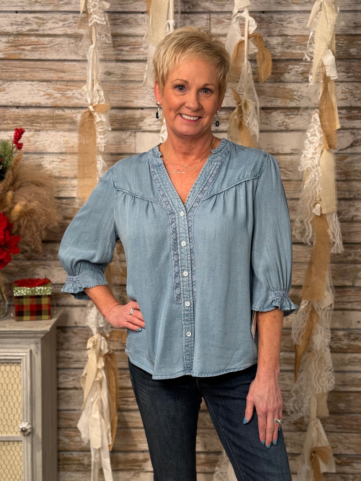 Lyocell V - Notch Crochet Inset Elbow Sleeve Top - Mainstream Boutique