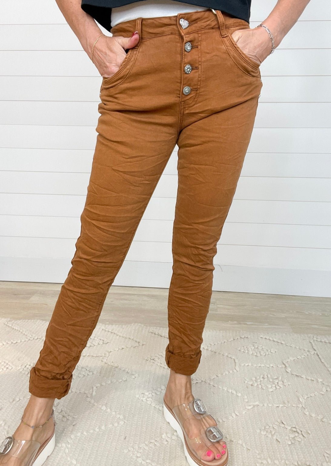 Mixed Button Crinkle Jeans - Mainstream Boutique