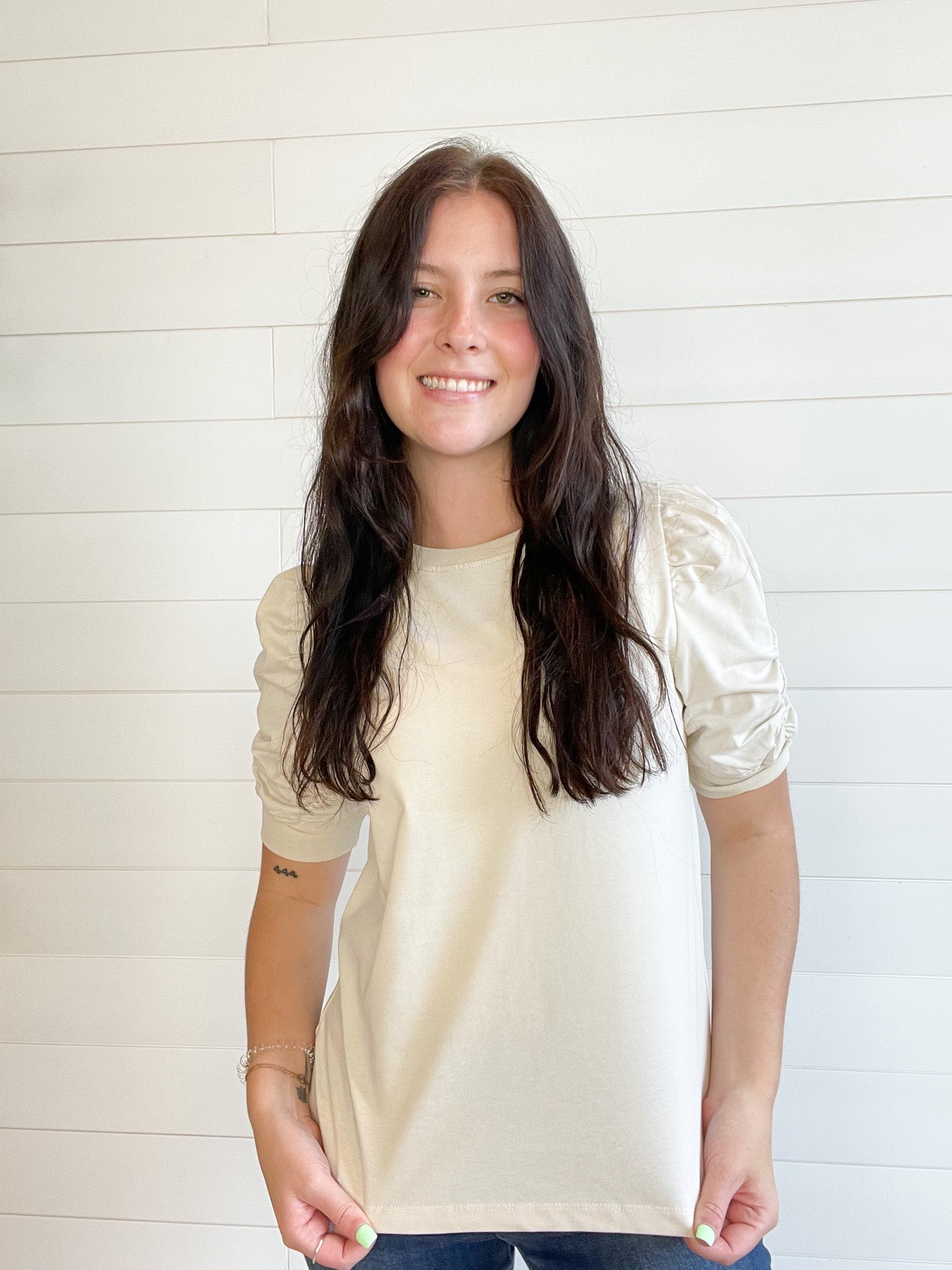 MM Crew Neck Ruched Elbow Sleeve Top (Packed S - XL 2221) - Mainstream Boutique