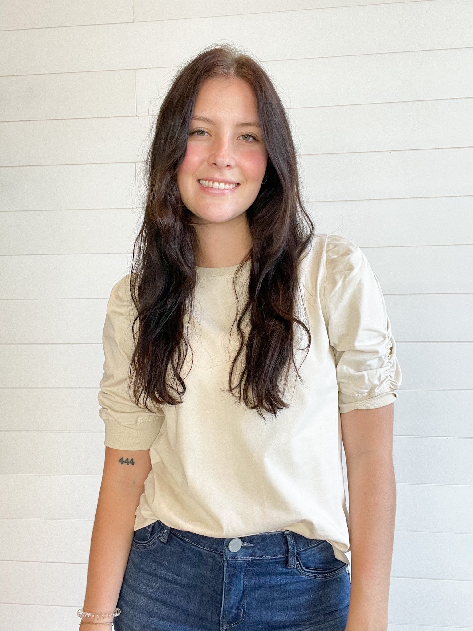 MM Crew Neck Ruched Elbow Sleeve Top (Packed S - XL 2221) - Mainstream Boutique