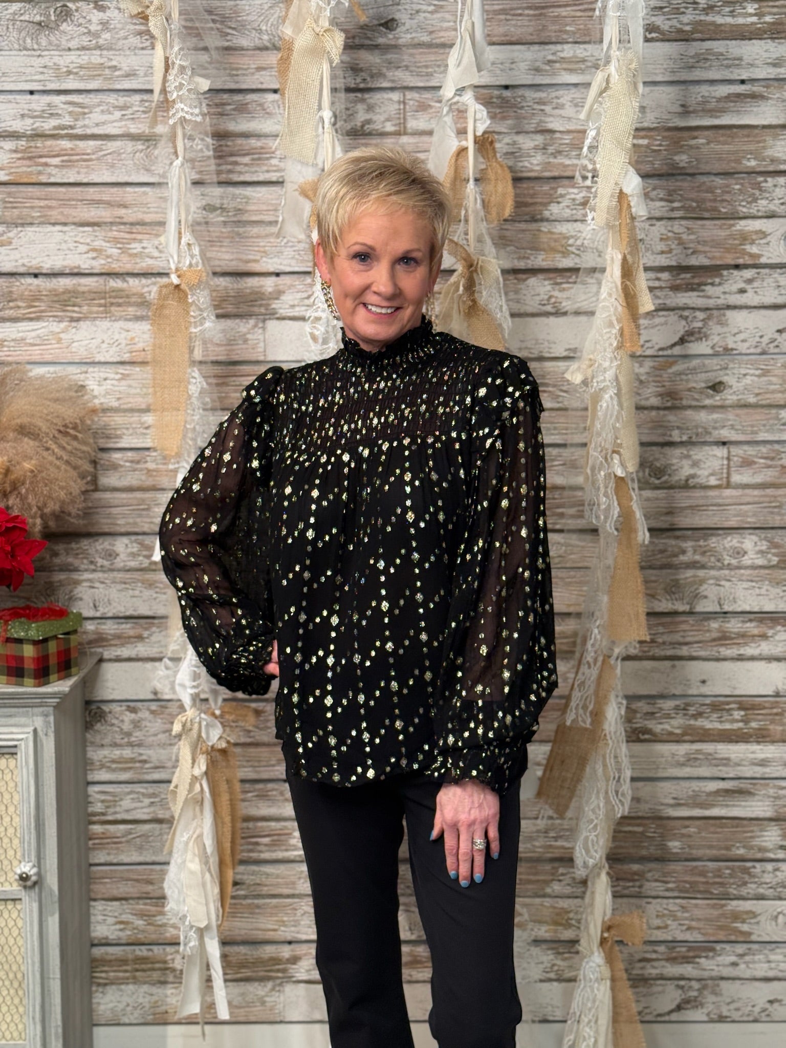 Midnight Sparkle Smocked Mock Neck Blouse - Mainstream Boutique