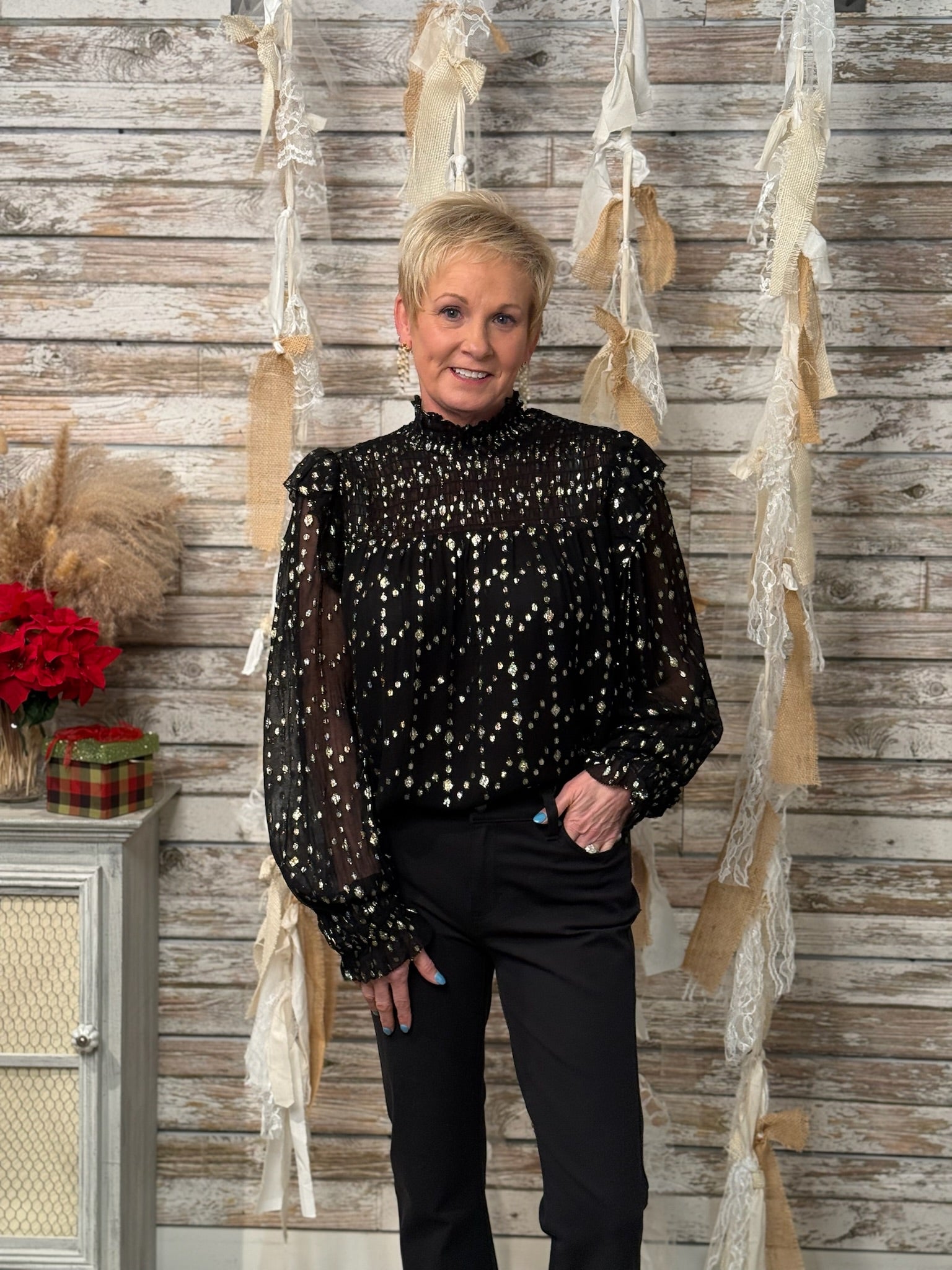 Midnight Sparkle Smocked Mock Neck Blouse - Mainstream Boutique