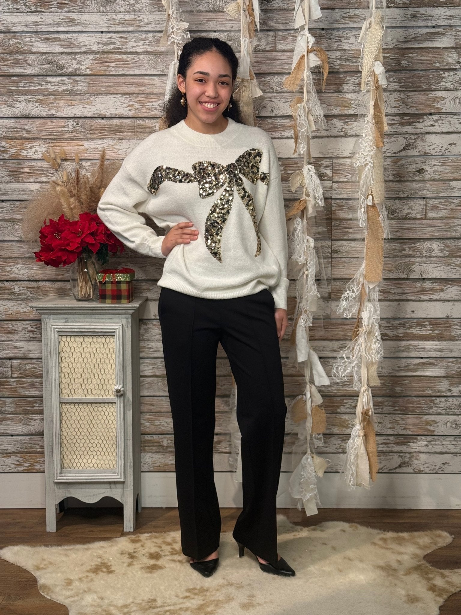 Leopard Sequin Bow Holiday Sweater – Crew Neck Knit Pullover - Mainstream Boutique