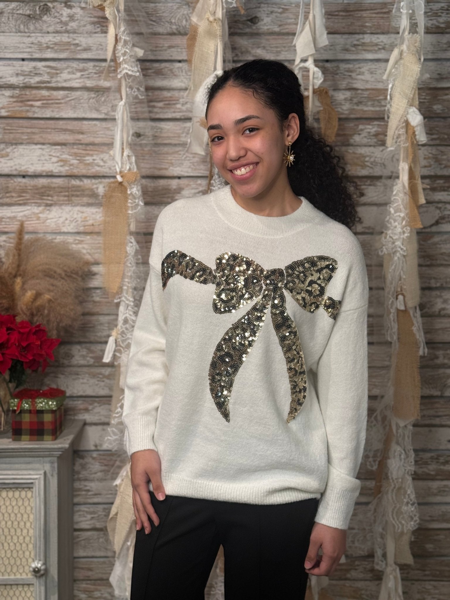 Leopard Sequin Bow Holiday Sweater – Crew Neck Knit Pullover - Mainstream Boutique