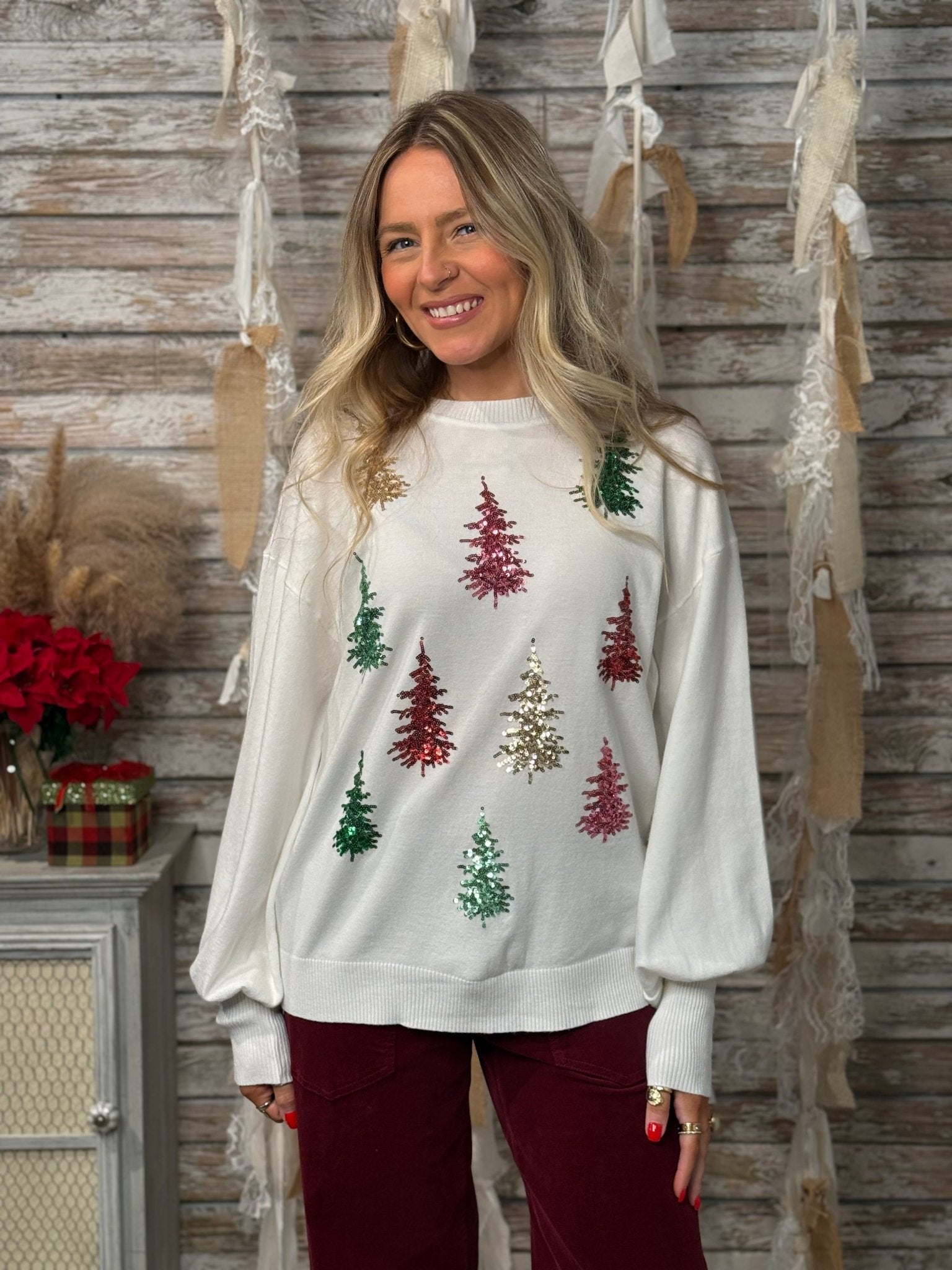 Sequin Christmas Tree Sweater – Festive Multicolor Holiday Knit Pullover - Mainstream Boutique