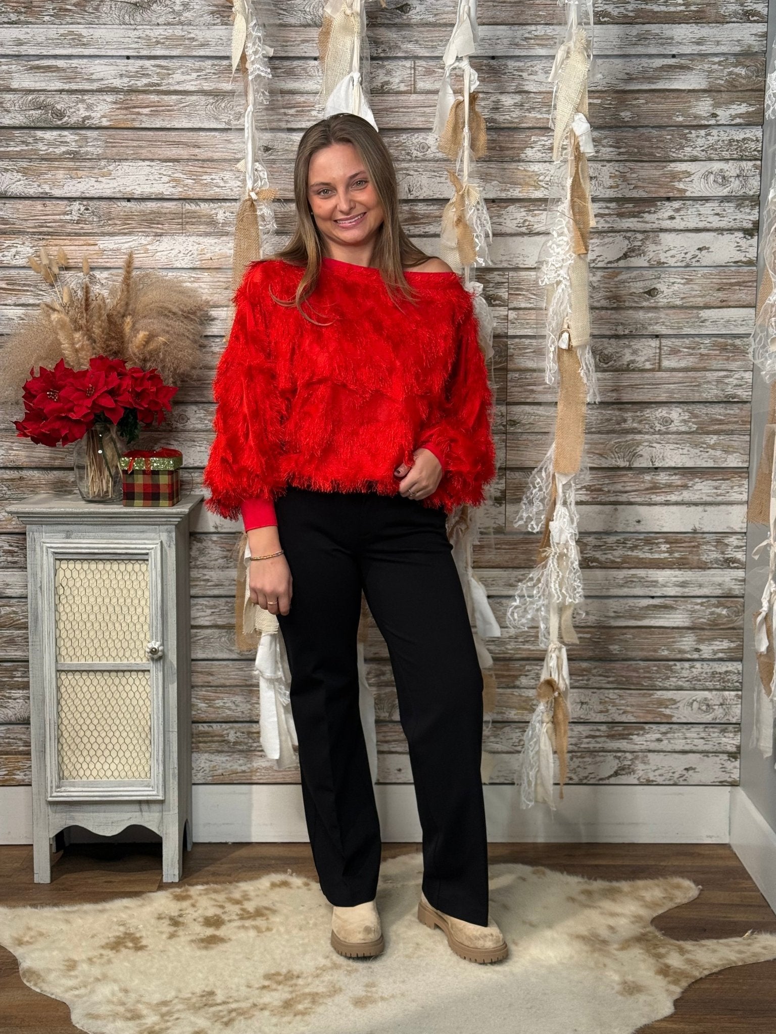 Red Fringe Chevron Boatneck Blouse – Long Sleeve Statement Top - Mainstream Boutique