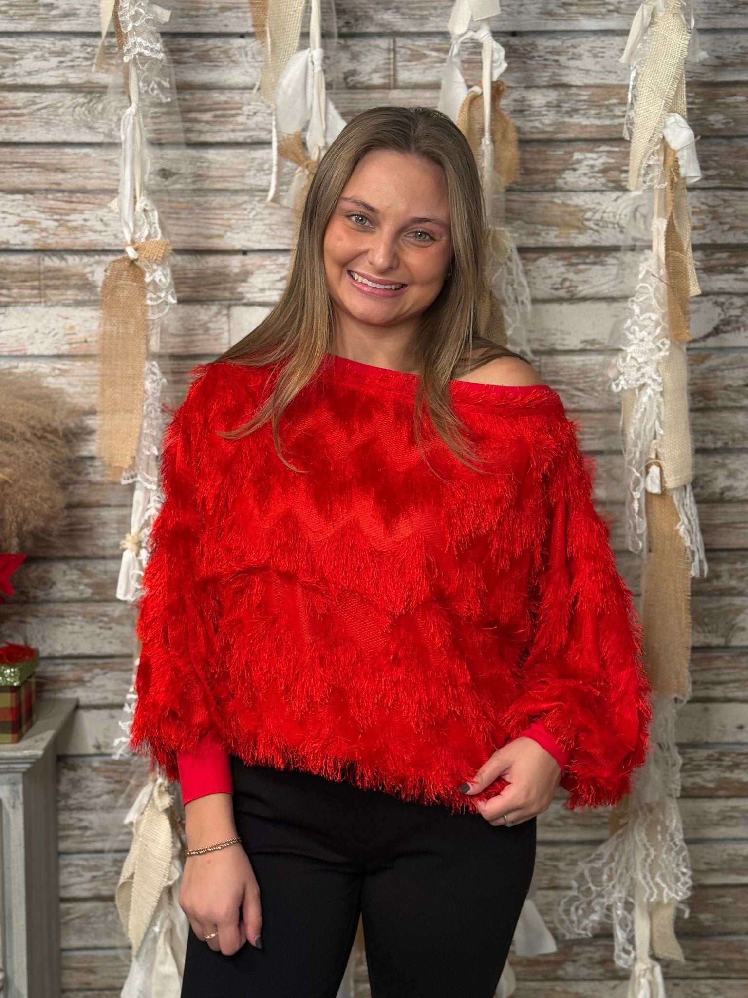 Red Fringe Chevron Boatneck Blouse – Long Sleeve Statement Top - Mainstream Boutique