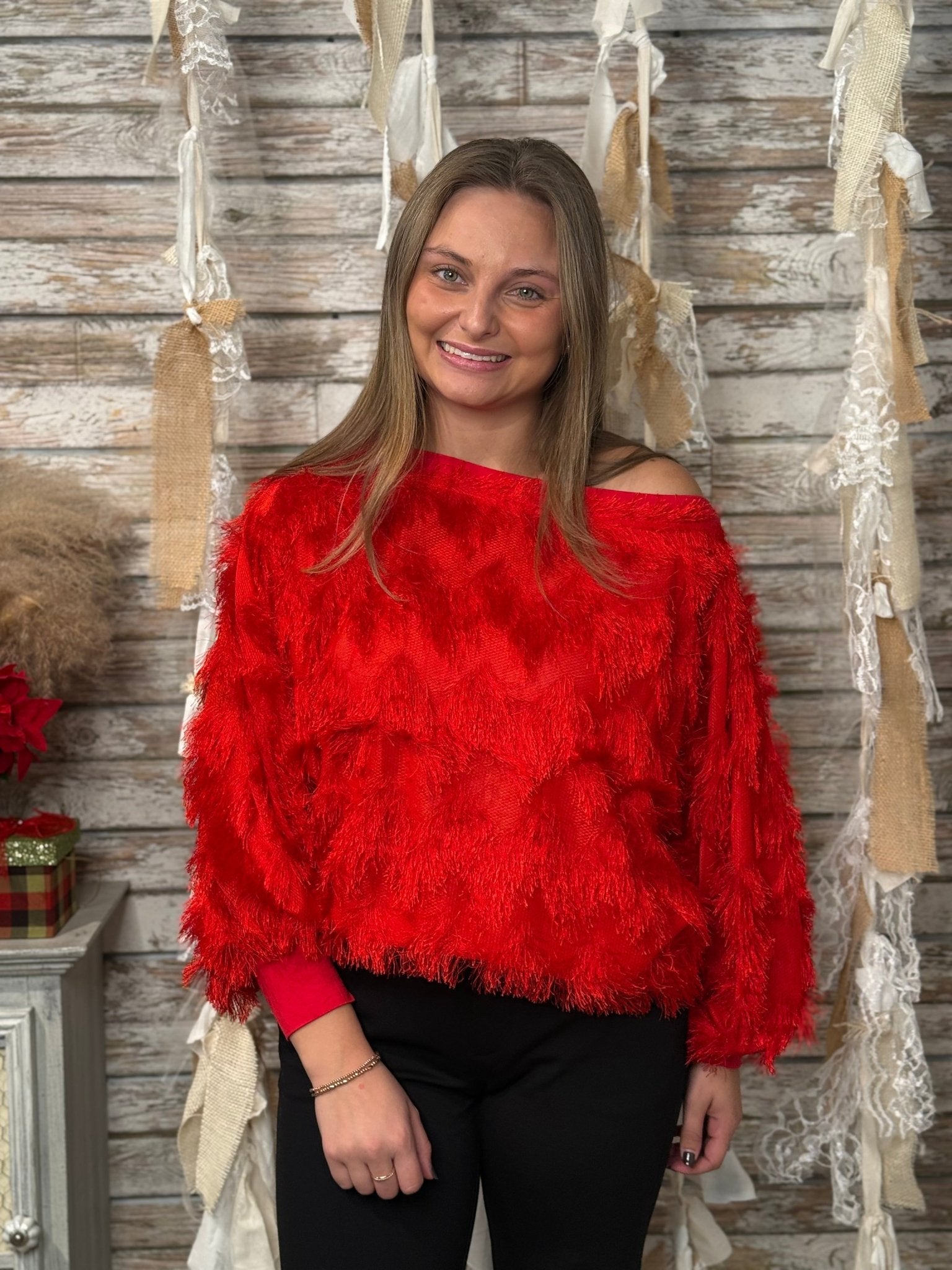 Red Fringe Chevron Boatneck Blouse – Long Sleeve Statement Top - Mainstream Boutique