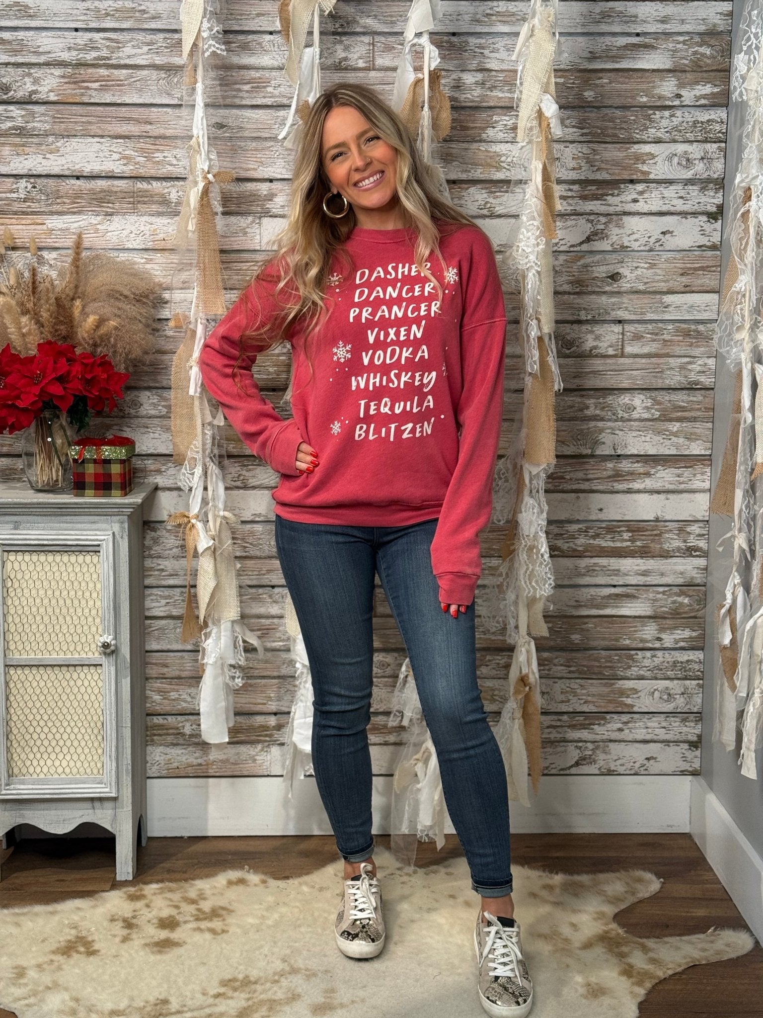 Dasher Dancer Prancer Vixen Vodka Mineral Wash Holiday Sweatshirt - Mainstream Boutique