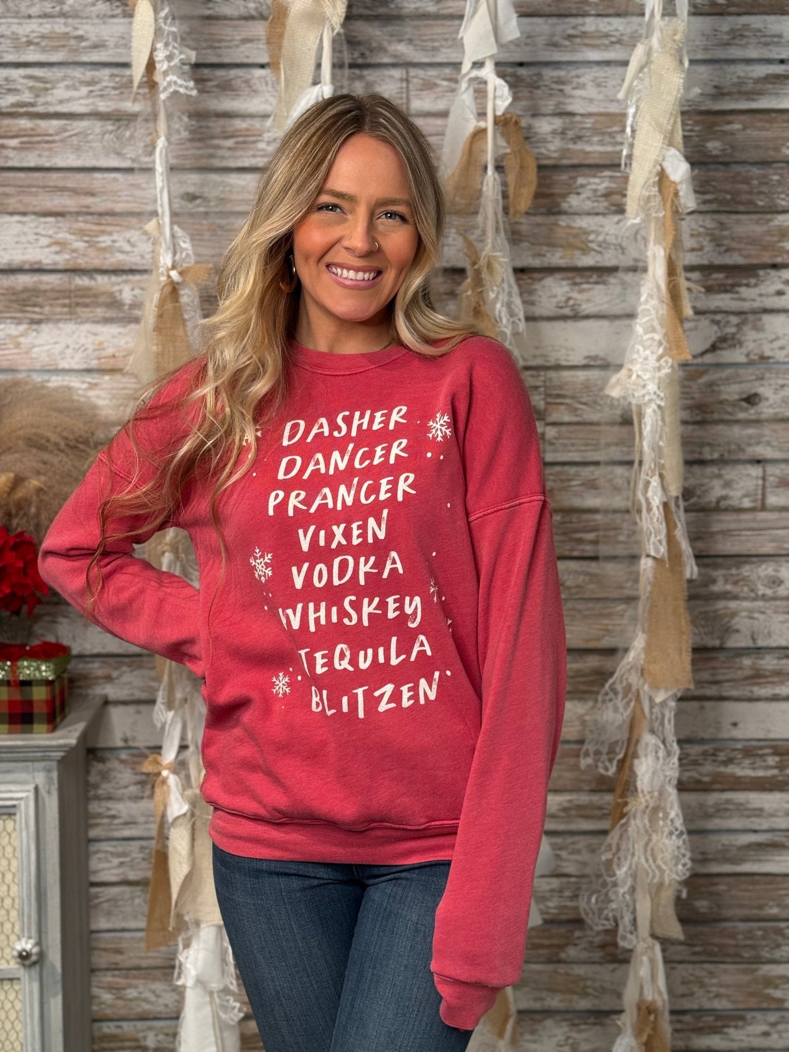 Dasher Dancer Prancer Vixen Vodka Mineral Wash Holiday Sweatshirt - Mainstream Boutique