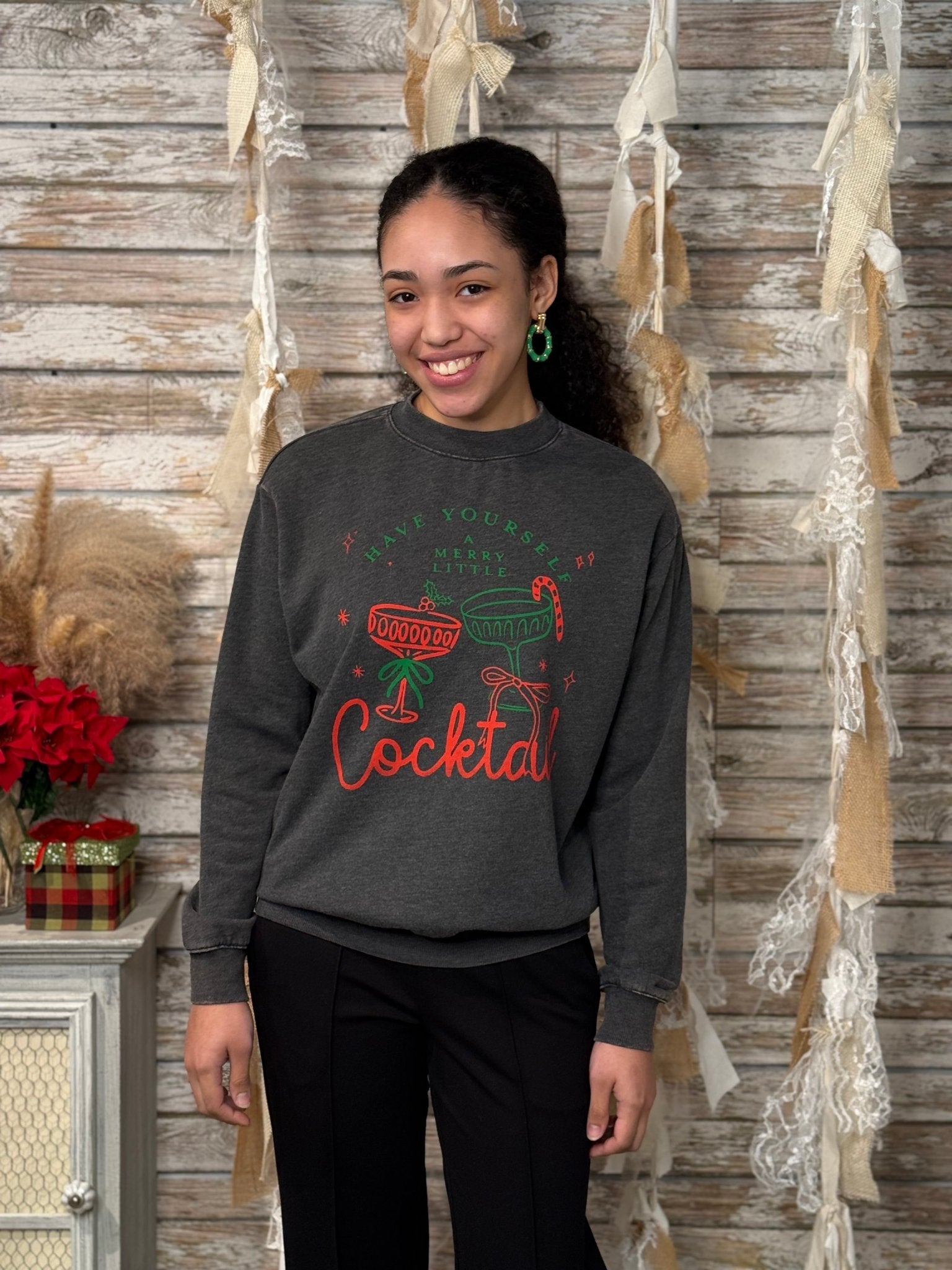 Merry Little Cocktail Mineral Wash Holiday Sweatshirt - Mainstream Boutique