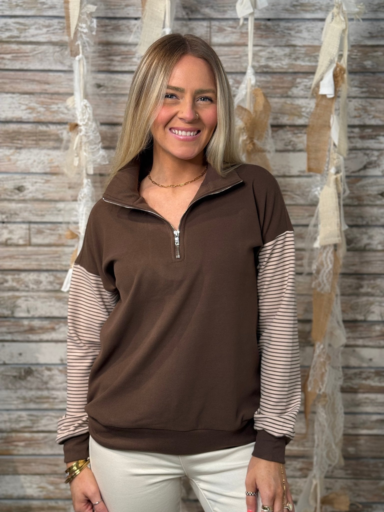 Mocha Stripe Half - Zip Pullover - Mainstream Boutique