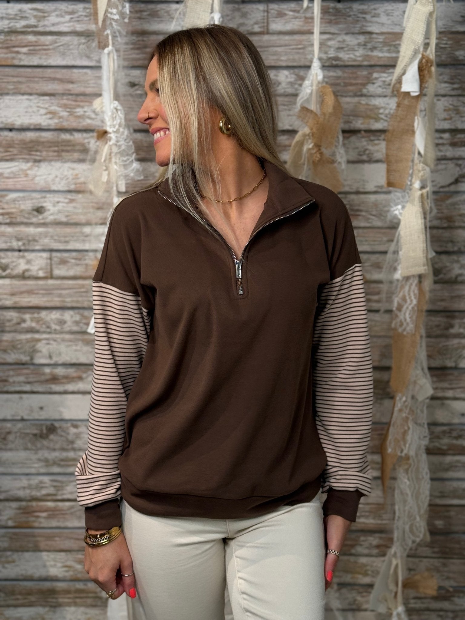 Mocha Stripe Half - Zip Pullover - Mainstream Boutique