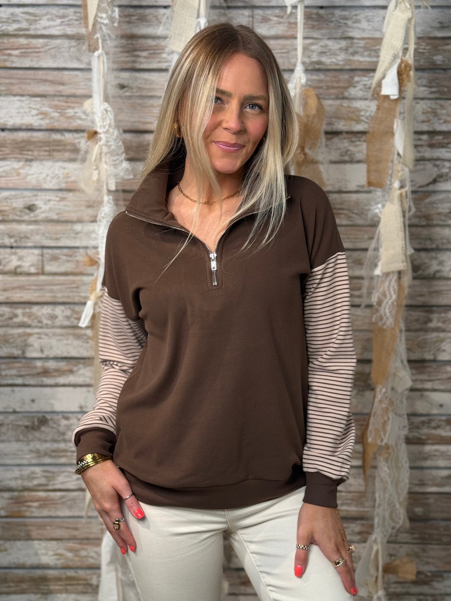 Mocha Stripe Half - Zip Pullover - Mainstream Boutique