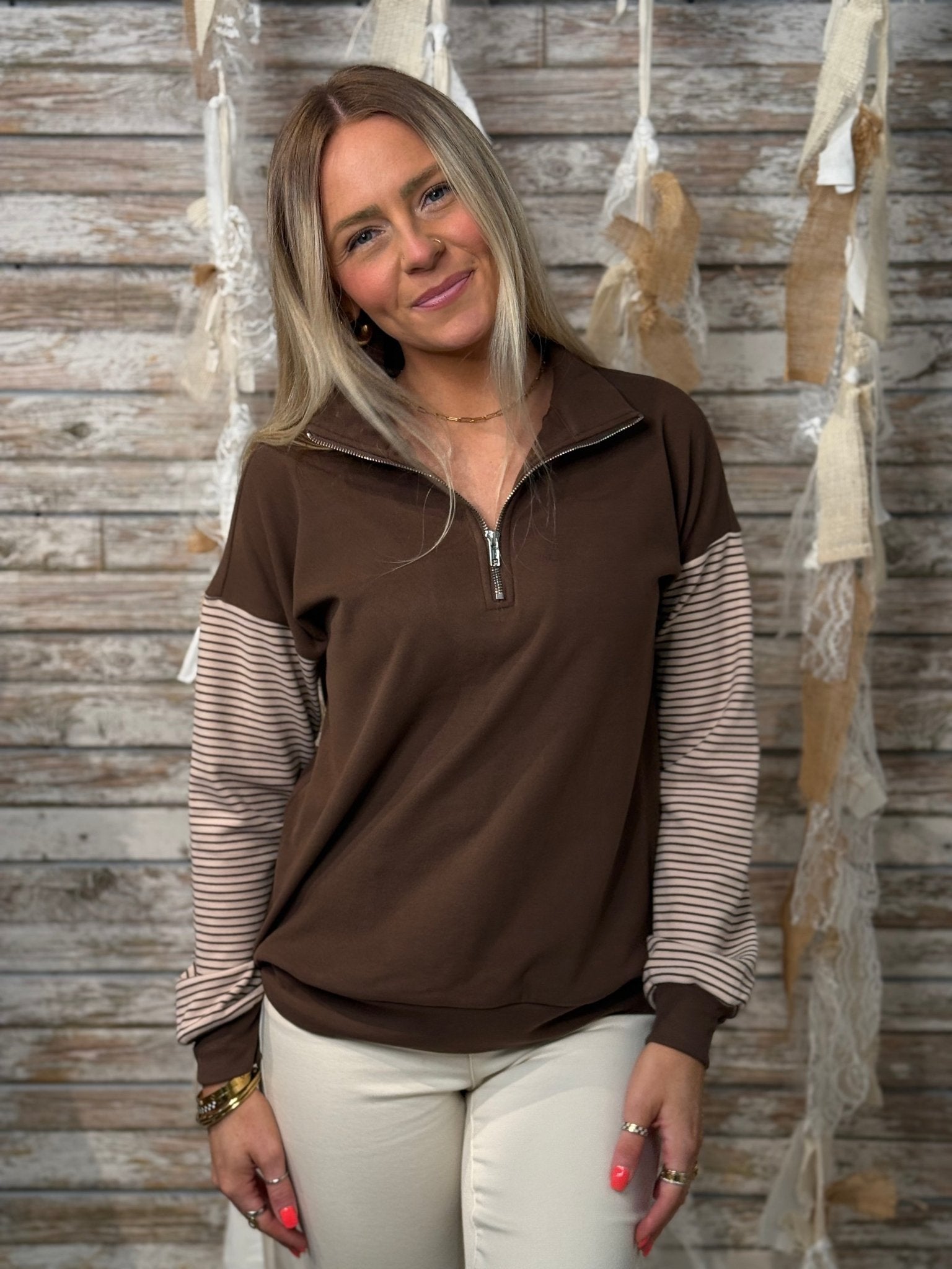 Mocha Stripe Half - Zip Pullover - Mainstream Boutique