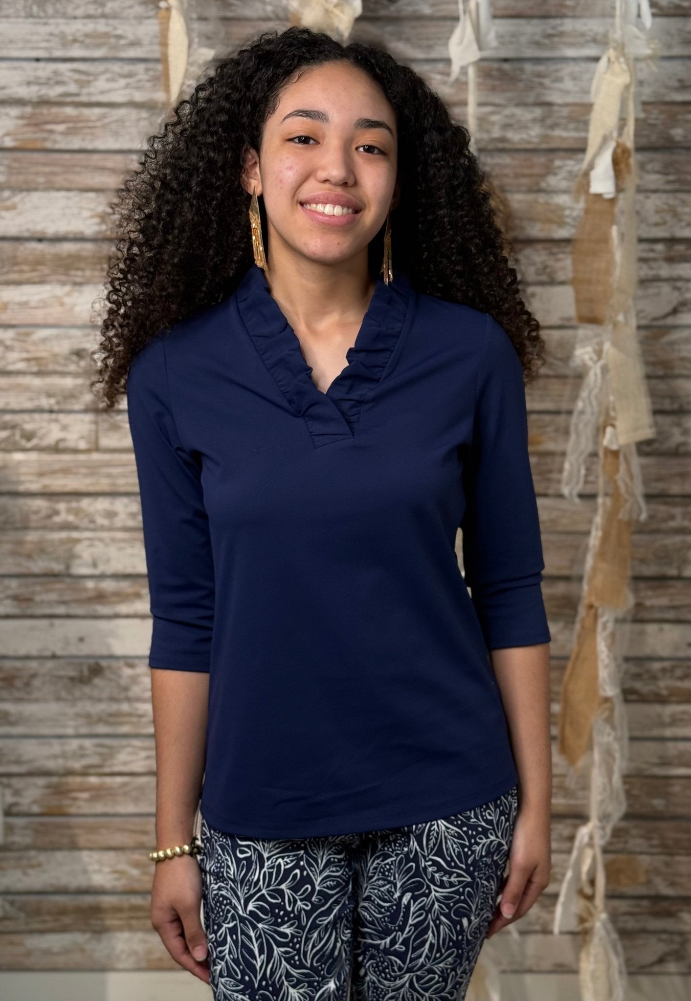 Midnight Ruffle Notch Top - Mainstream Boutique