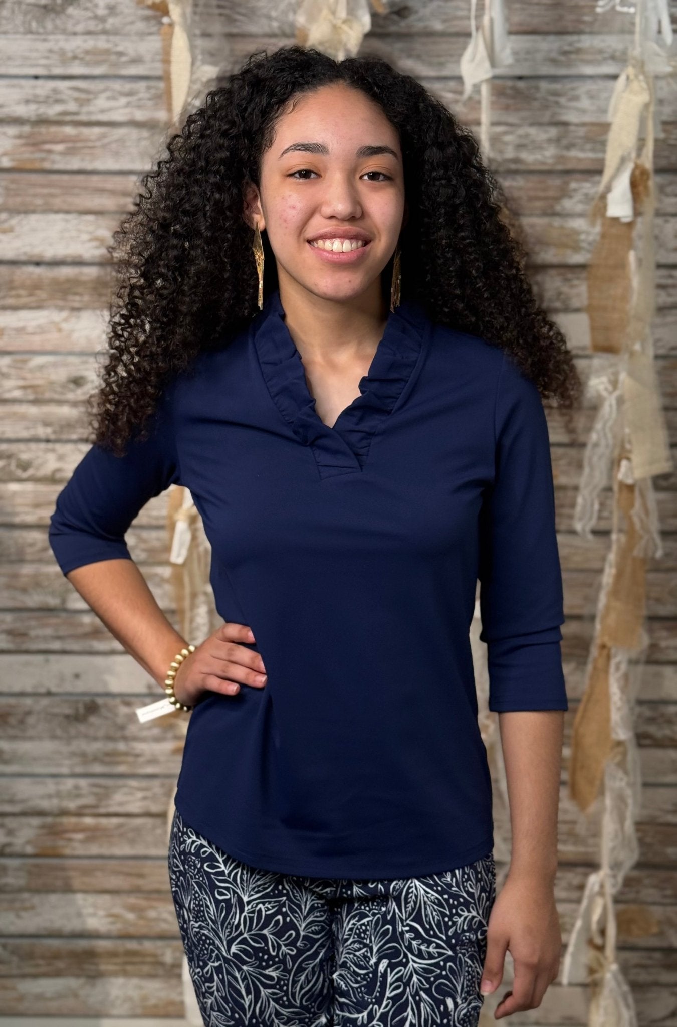 Midnight Ruffle Notch Top - Mainstream Boutique