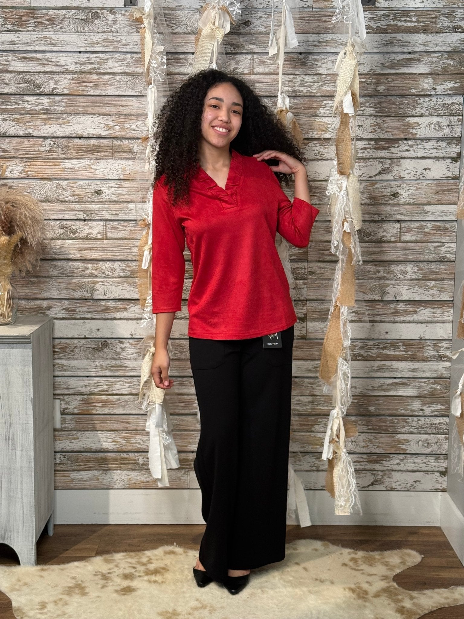 Scarlet Ruffle Notch Top - Mainstream Boutique