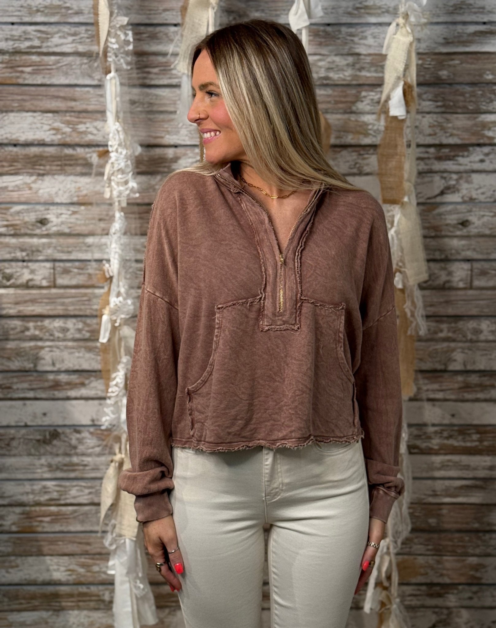 Driftwood Mineral Wash Half Zip - Mainstream Boutique