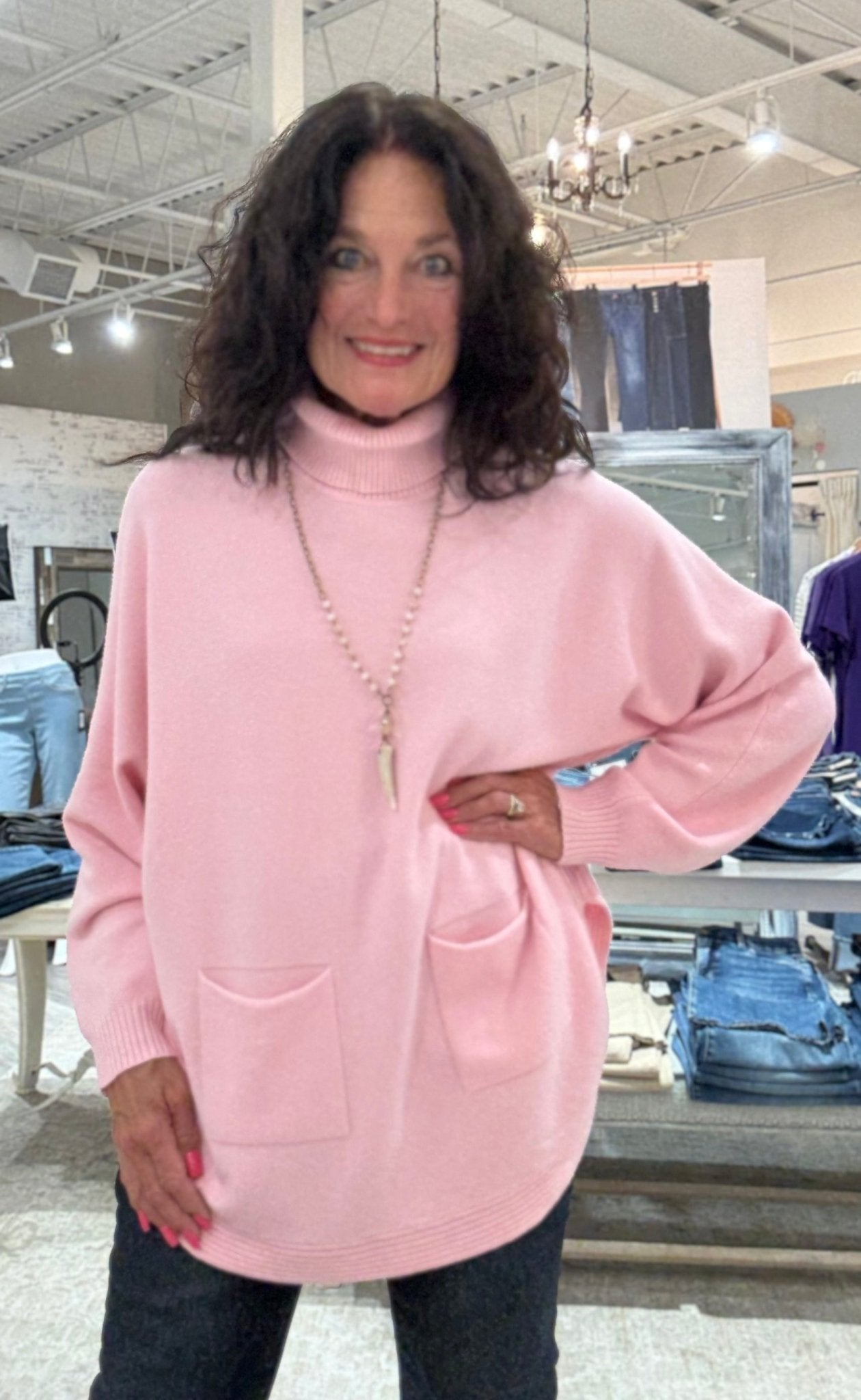 Oversized Dolman Sleeve Pullover Sweater with Cowl Neck- pink