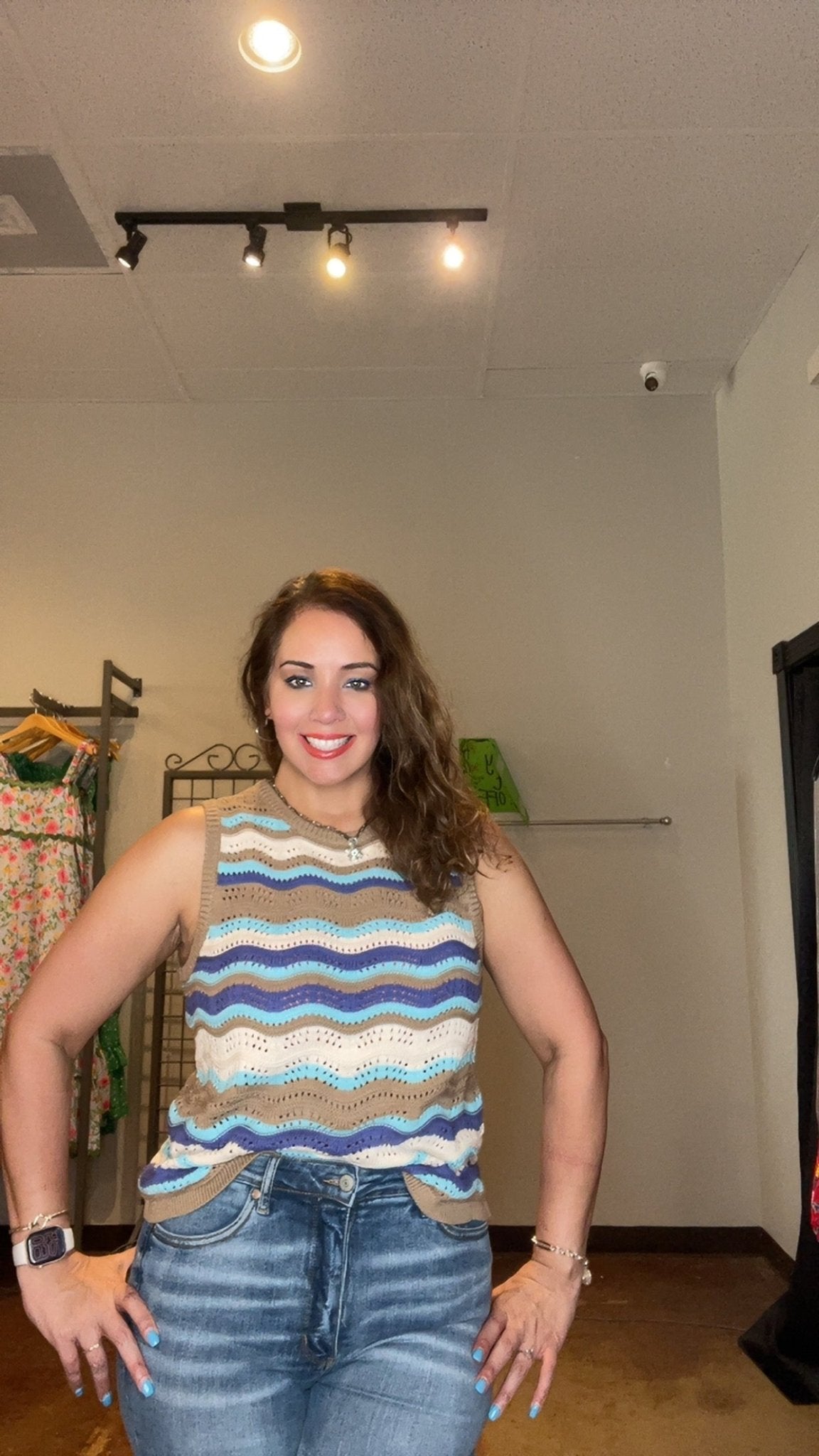 Round Neck Wavy Stripe Stitch Sweater Tank - Mainstream Boutique
